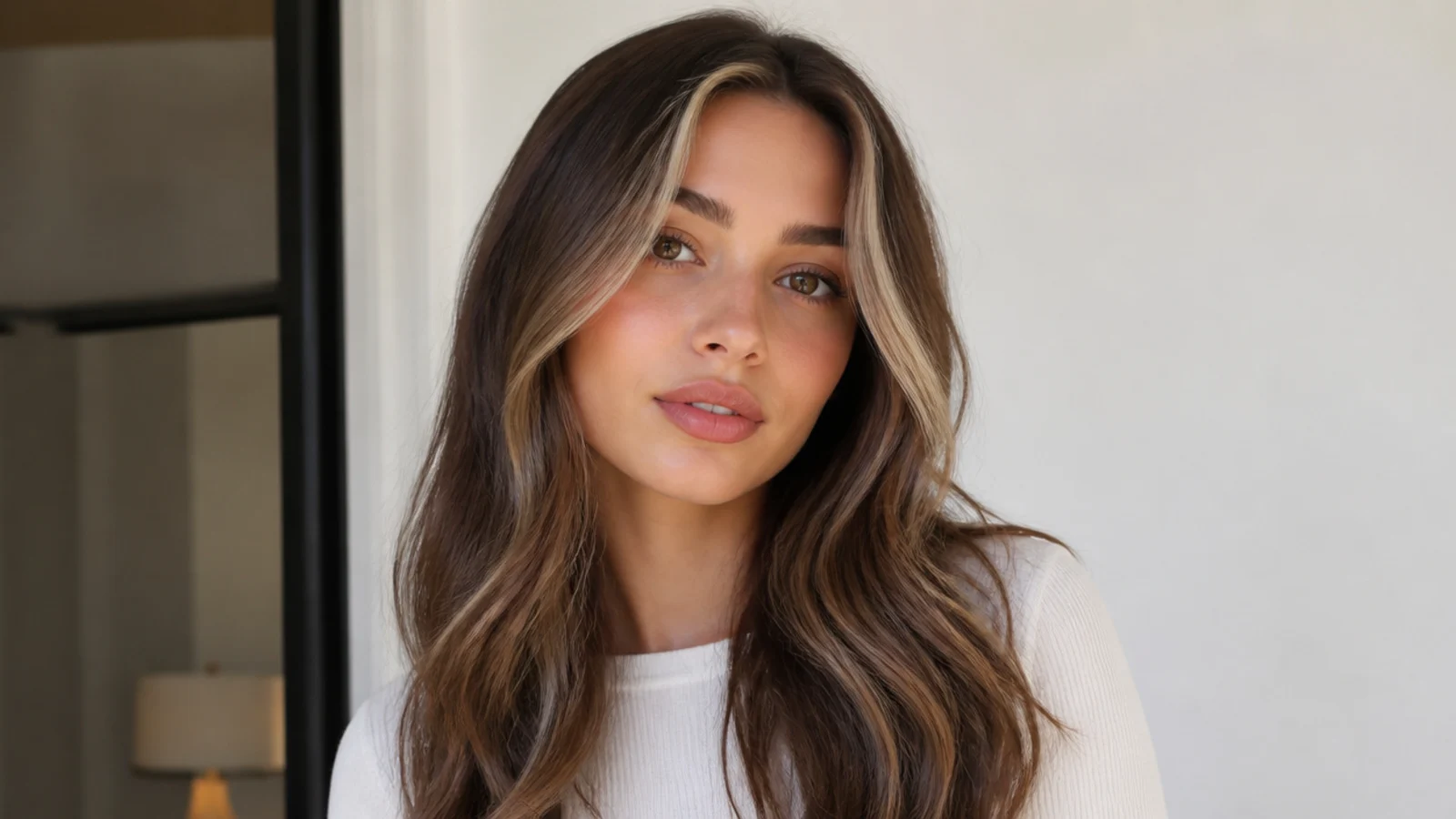 Brunette hair with a money piece softened by surrounding lowlights