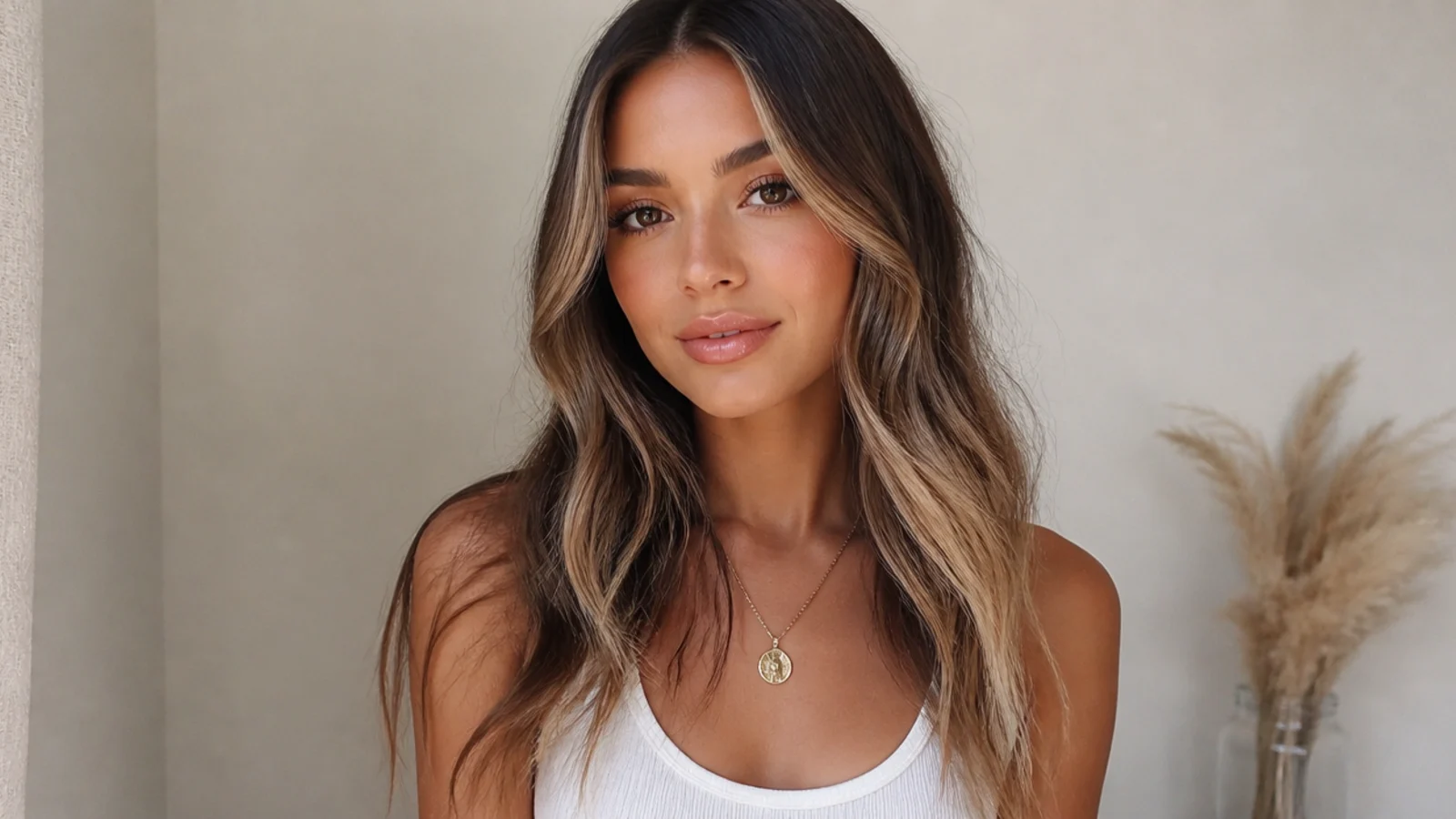 Brunette hair with a money piece that fades ombre-style from root to tip