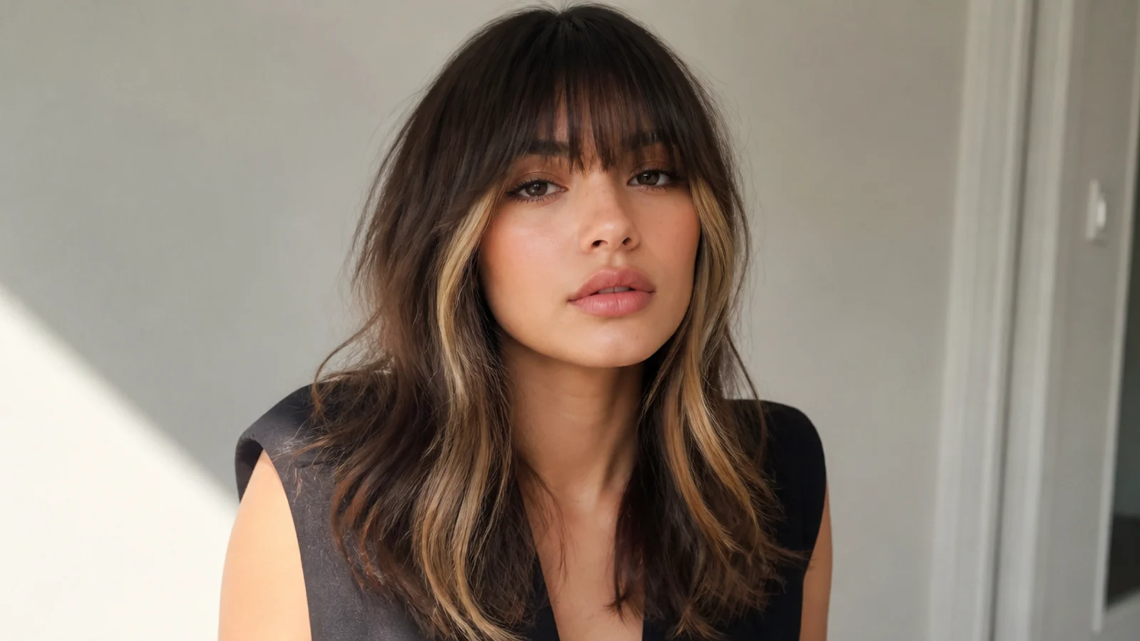 Brunette hair with blunt bangs and a caramel money piece on either side