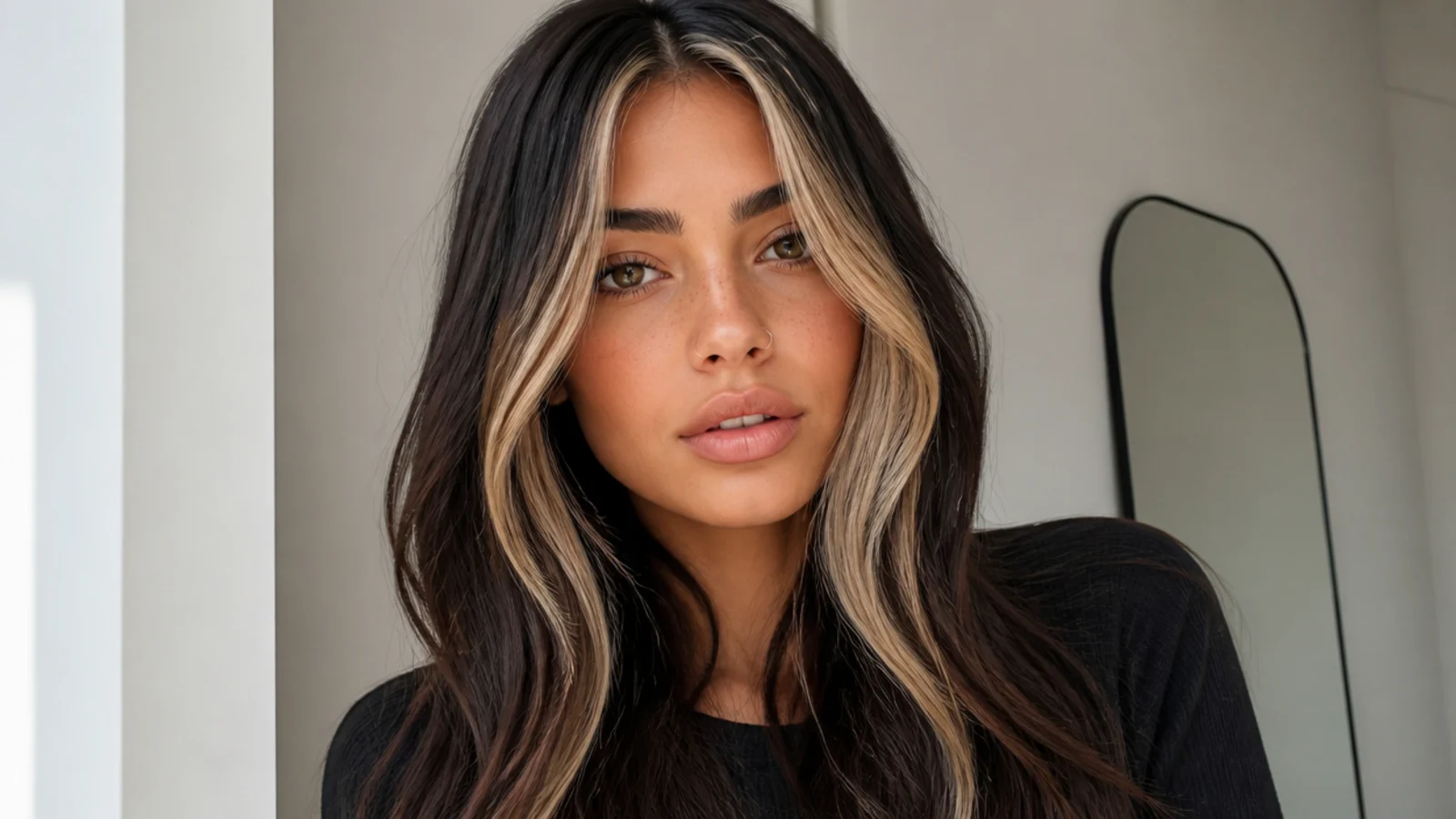 Dark brunette hair with a bold blonde money piece statement at the front