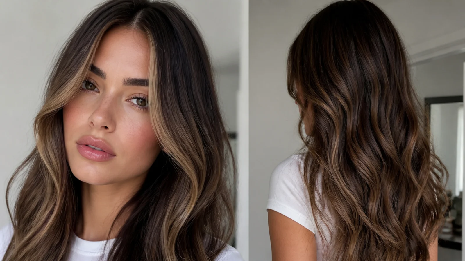Brunette hair with a soft caramel money piece framing the face, glossy editorial finish