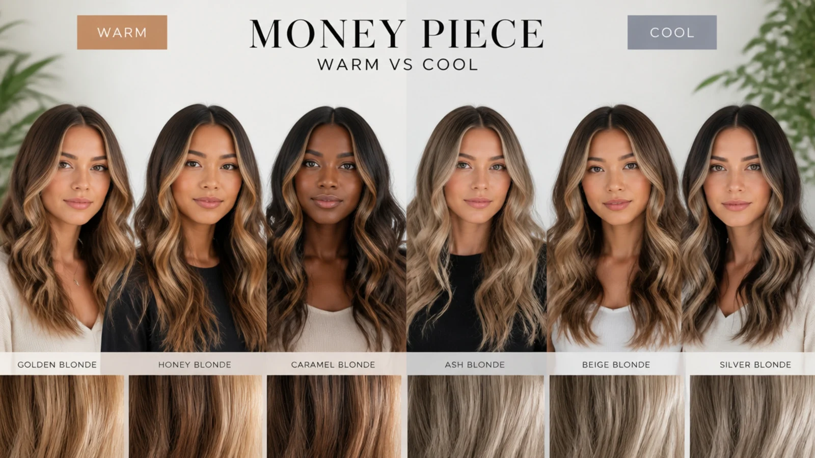 Comparison of warm and cool money piece shades held against different skin tones