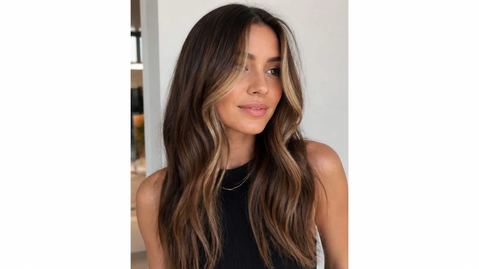 Money piece hair on brunette hair - caramel face-framing highlights, vertical Pinterest style