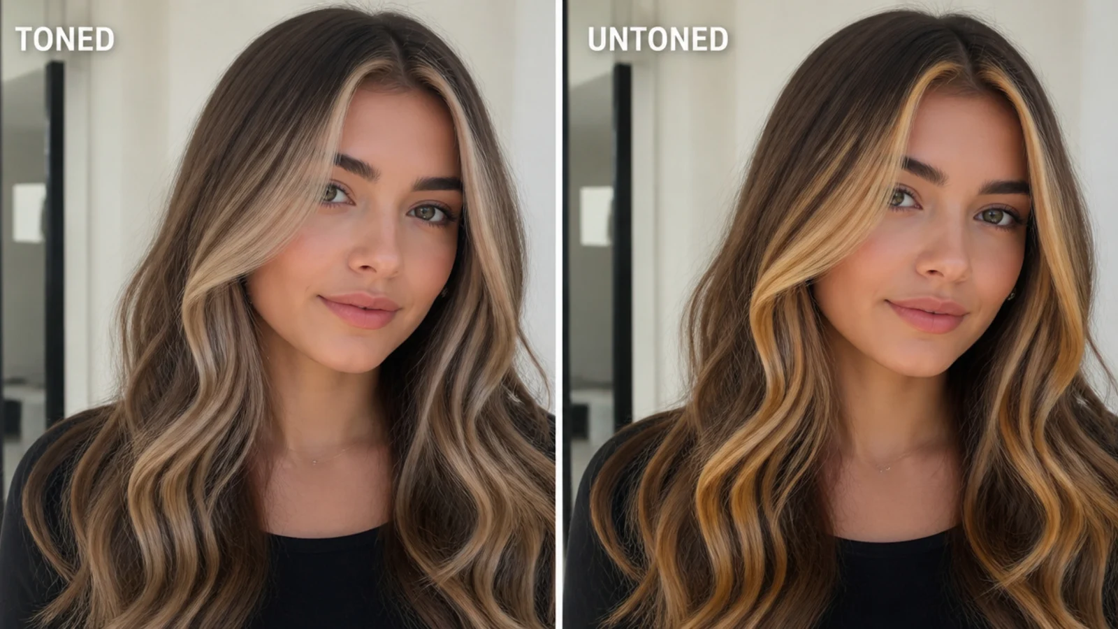 Toned cool caramel money piece next to an untoned brassy version on brown hair