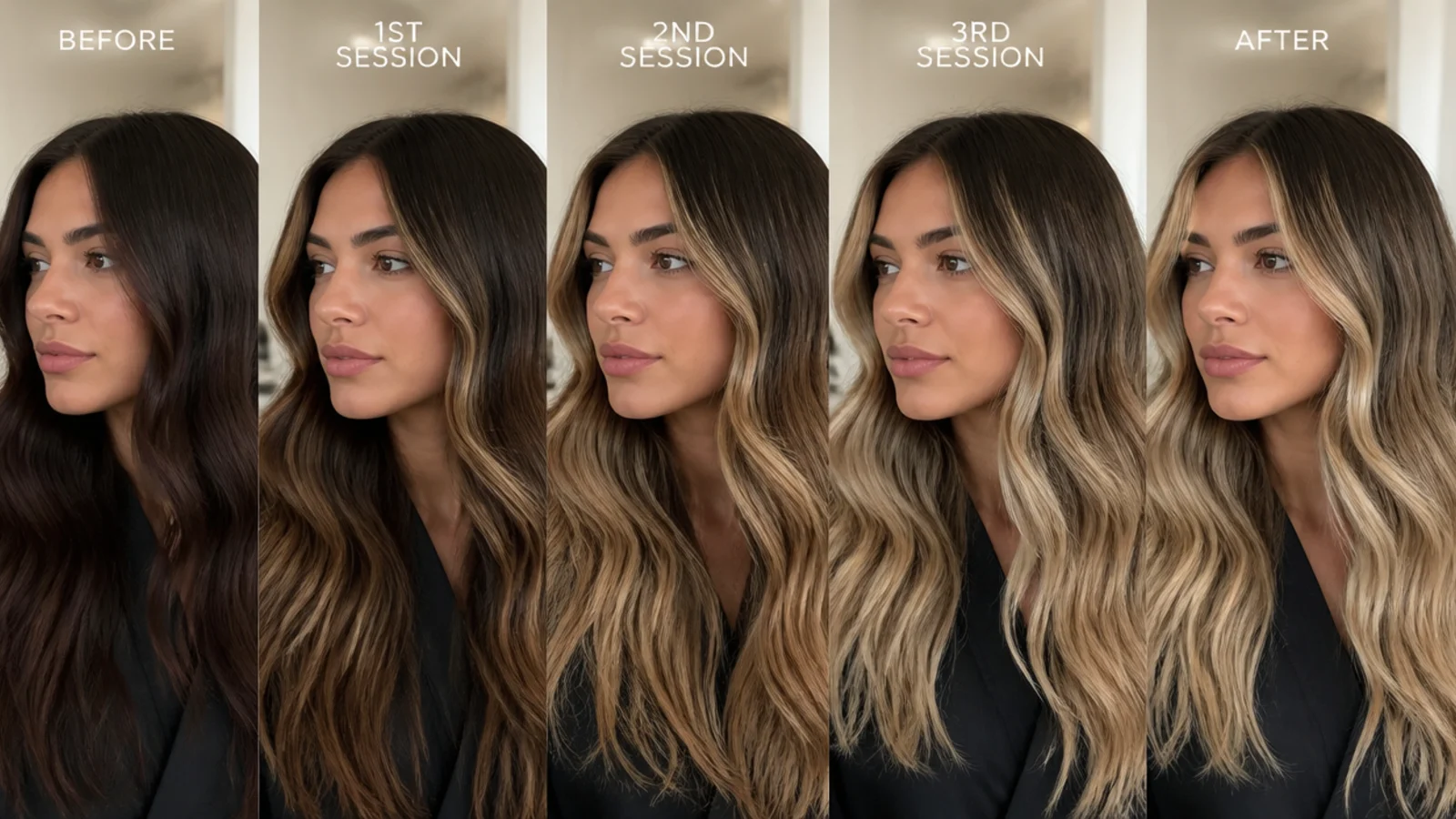 Dark brown hair lifted gradually to blonde across sessions in the front sections