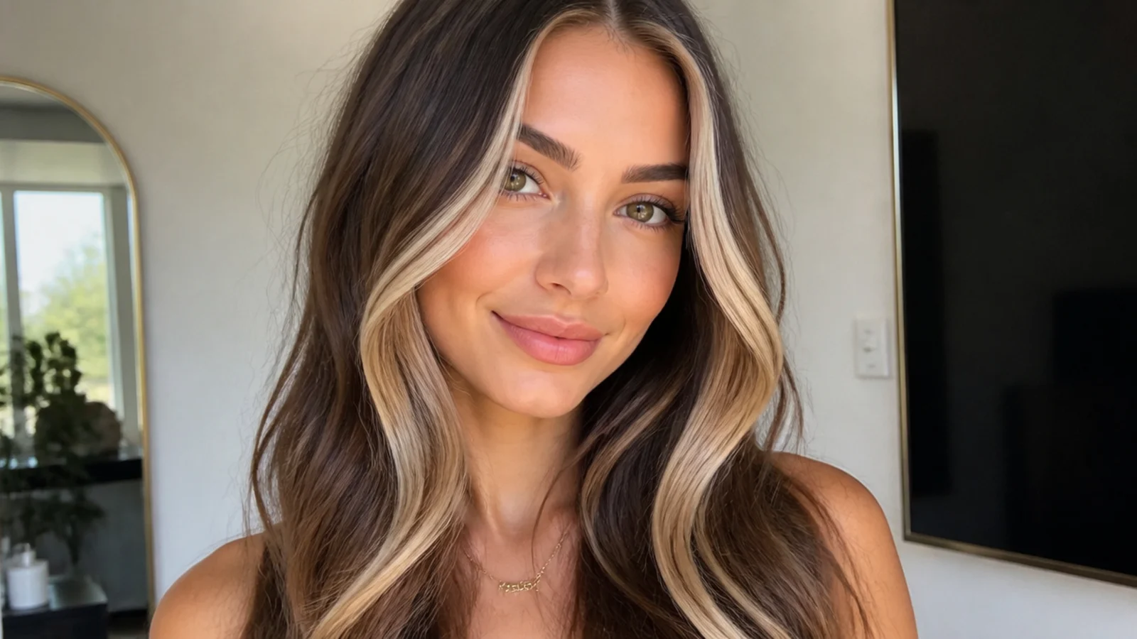 Soft caramel money piece beside a bold blonde money piece on brown hair