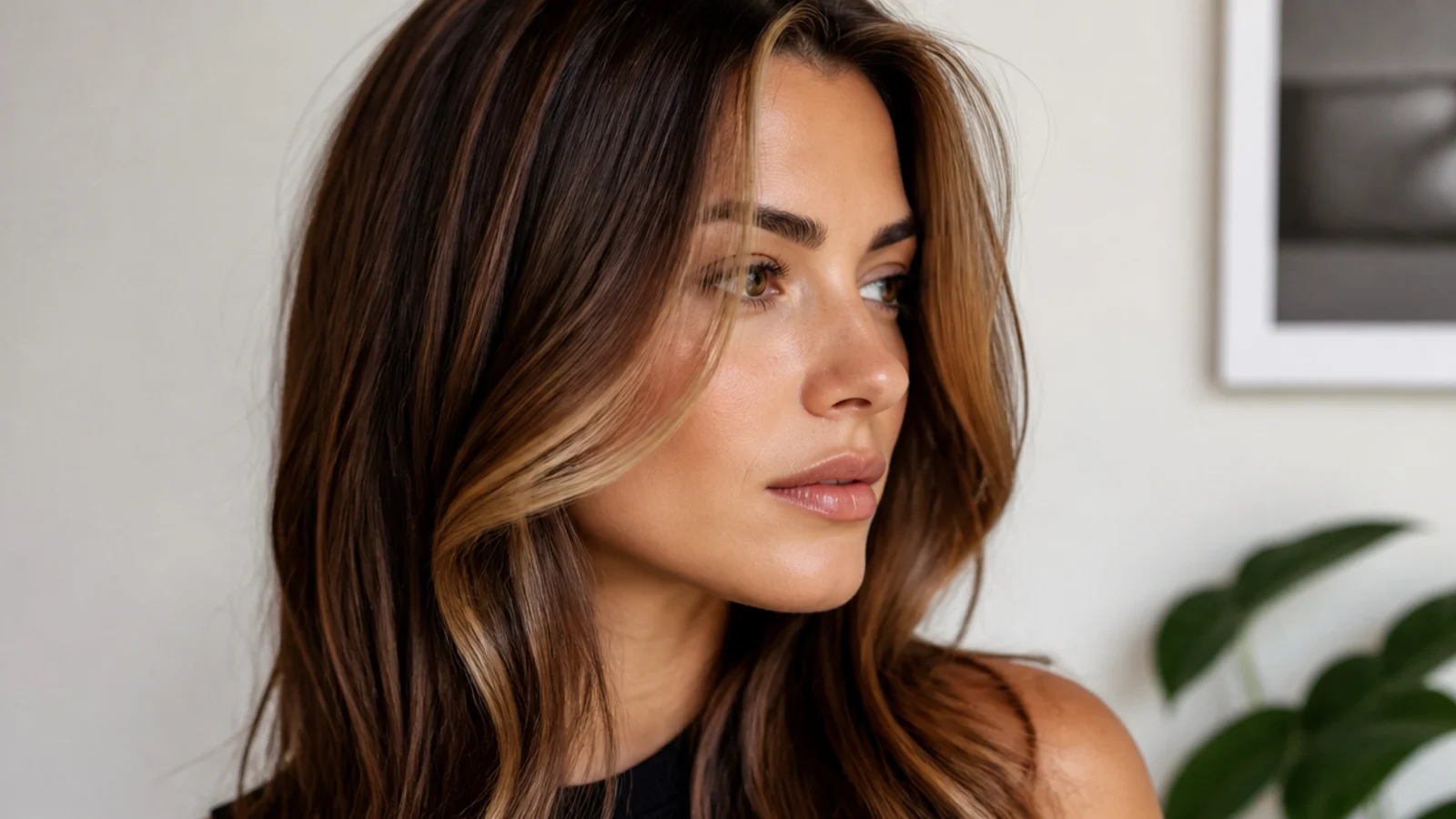Close-up of a caramel money piece on brown hair with a glossy finish