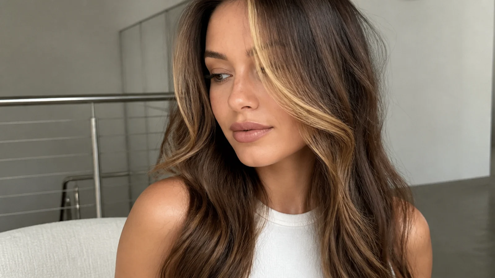 Brown hair with a soft caramel money piece