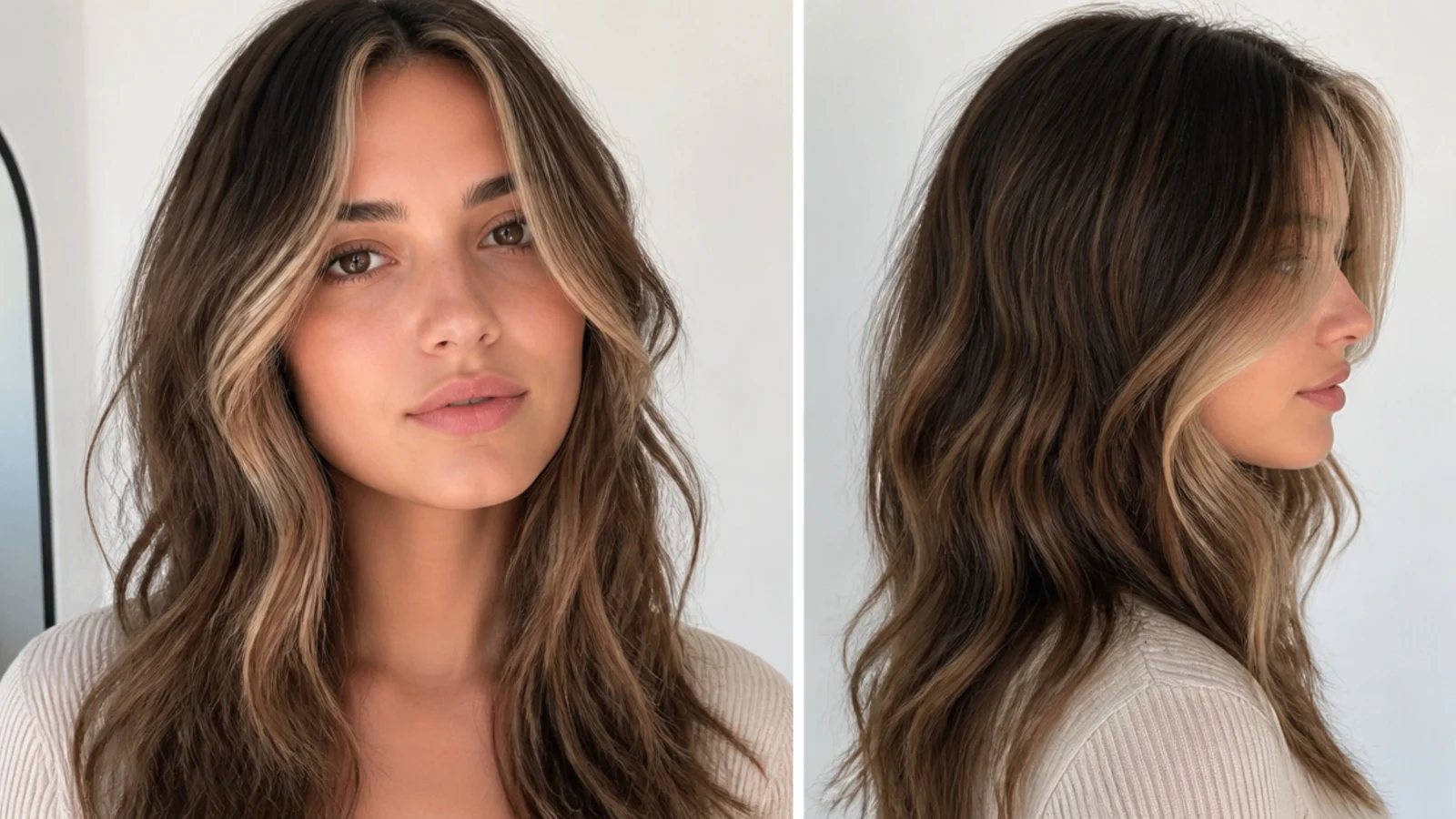 Brown hair with a root-melted money piece that fades softly from the root