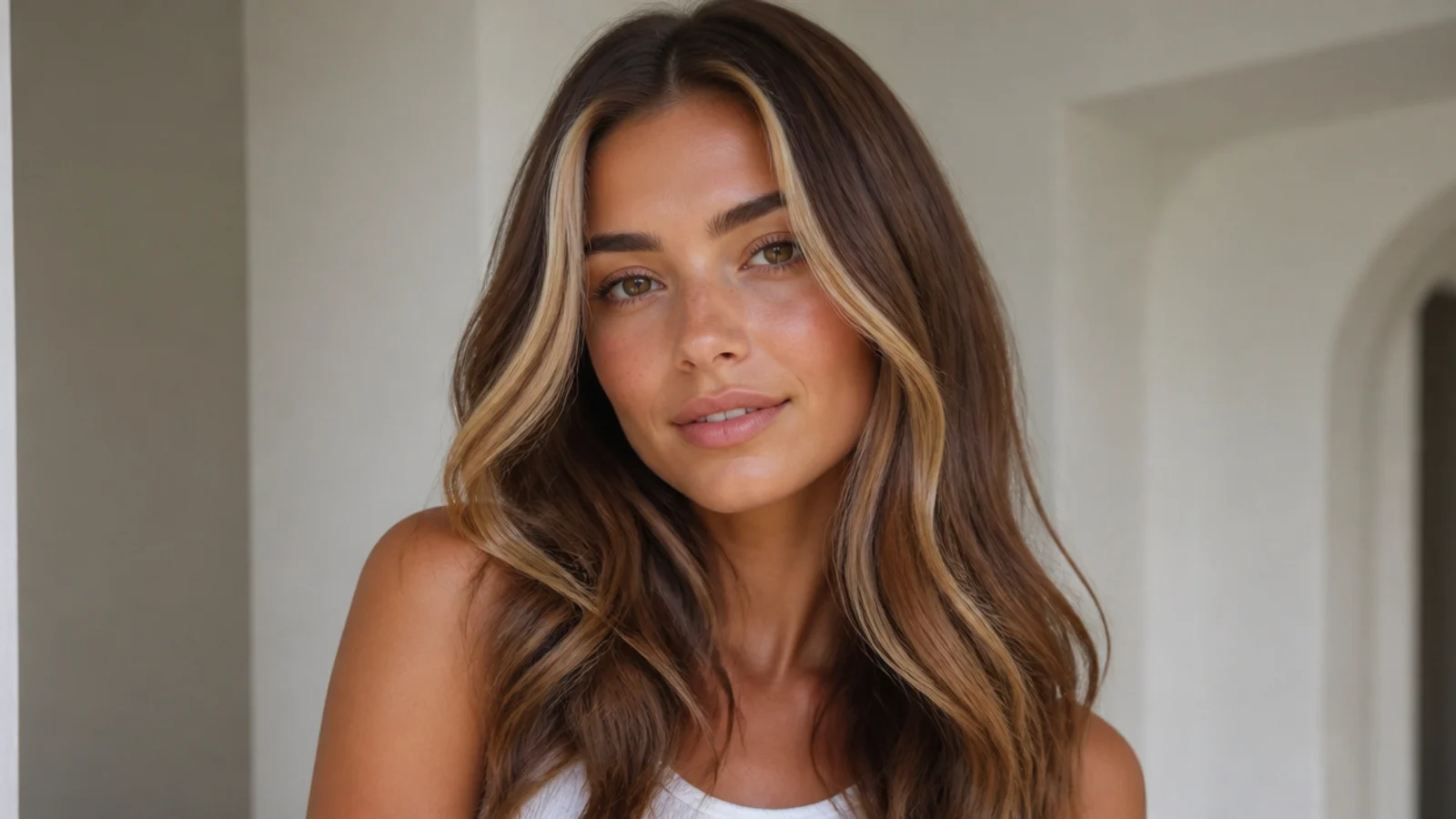 Light brown hair with a soft warm blonde money piece