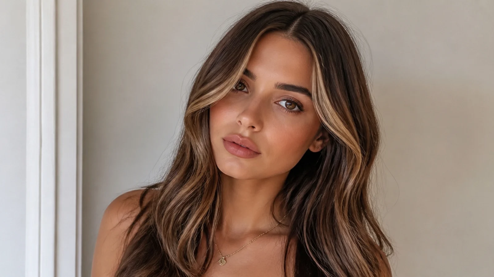Brown hair with a single soft-toned money piece