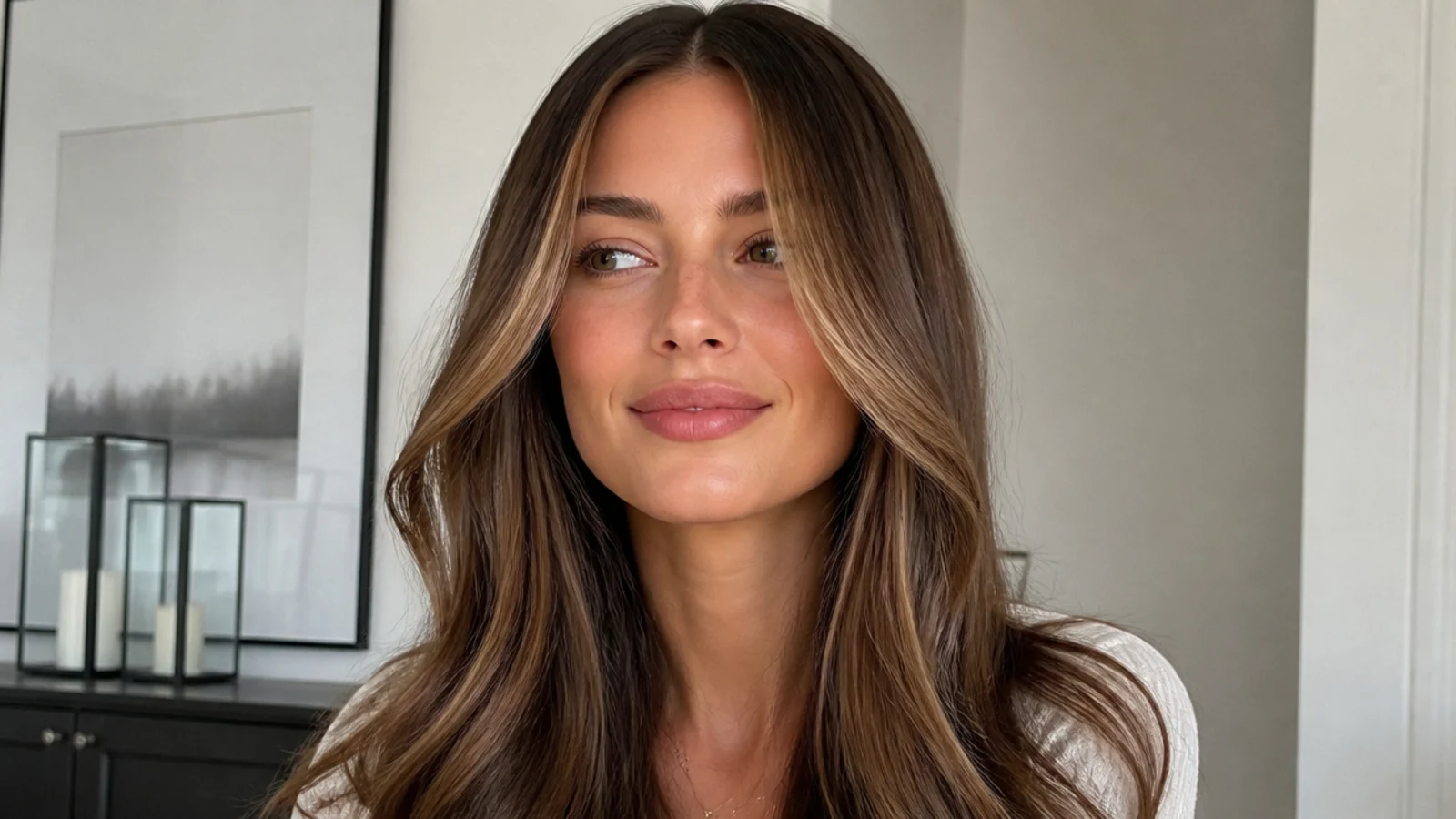 Brown hair with a low-contrast bronde money piece