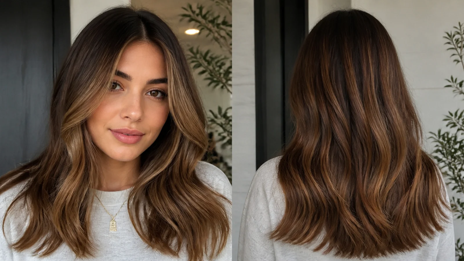 Brown hair with a soft caramel money piece suitable for at-home