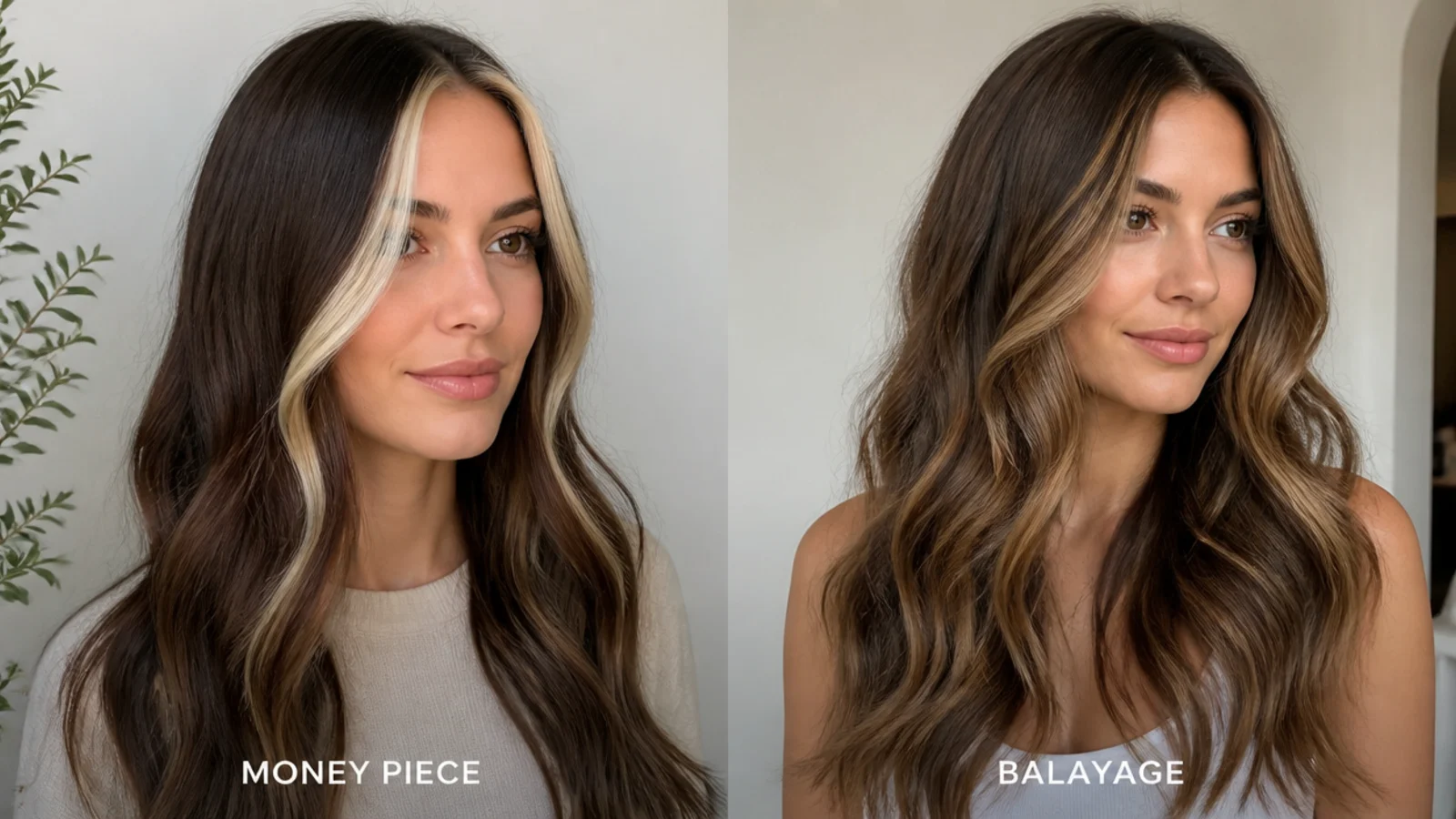 Split comparison of a money piece and a balayage on brown hair