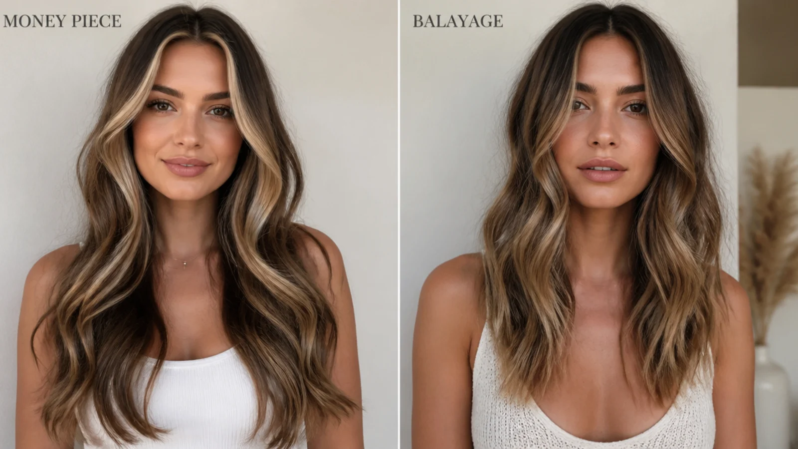 Money piece vs balayage comparison, vertical Pinterest style