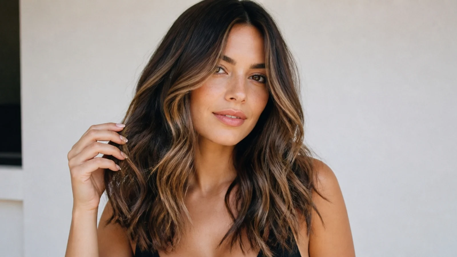 Brunette hair with a soft, blended balayage painted throughout for all-over dimension