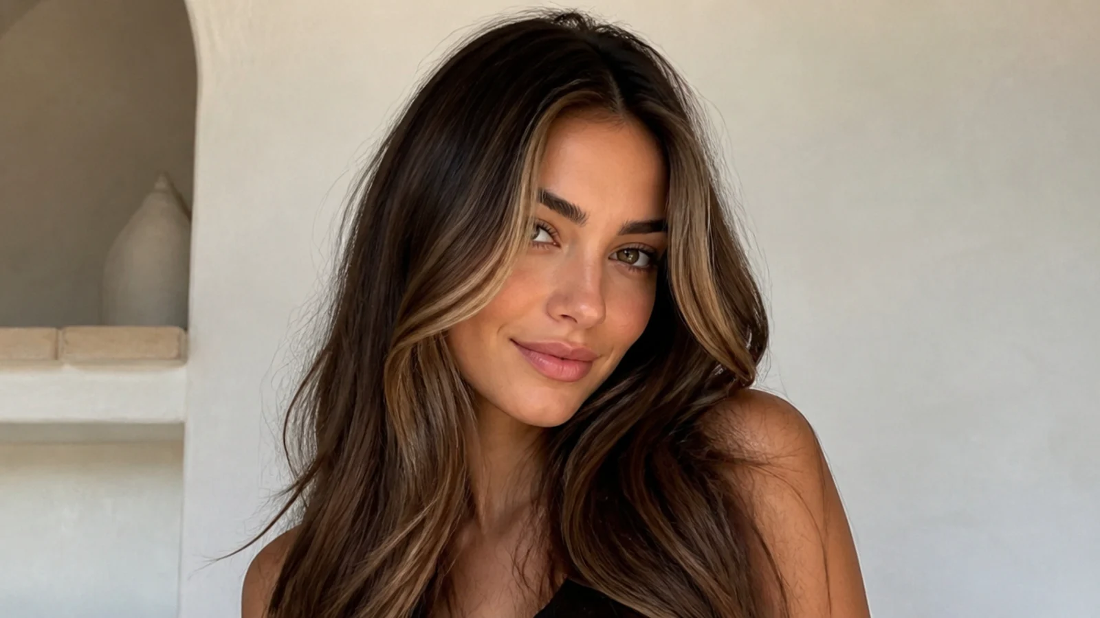 Brunette hair with a bright caramel money piece framing the face