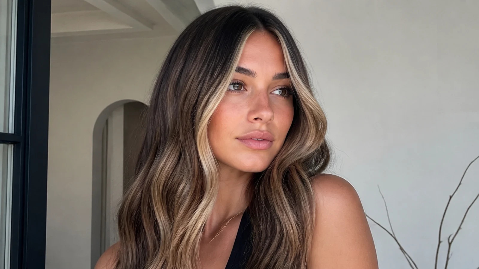 Brunette hair combining a balayage base with a brighter money piece at the front
