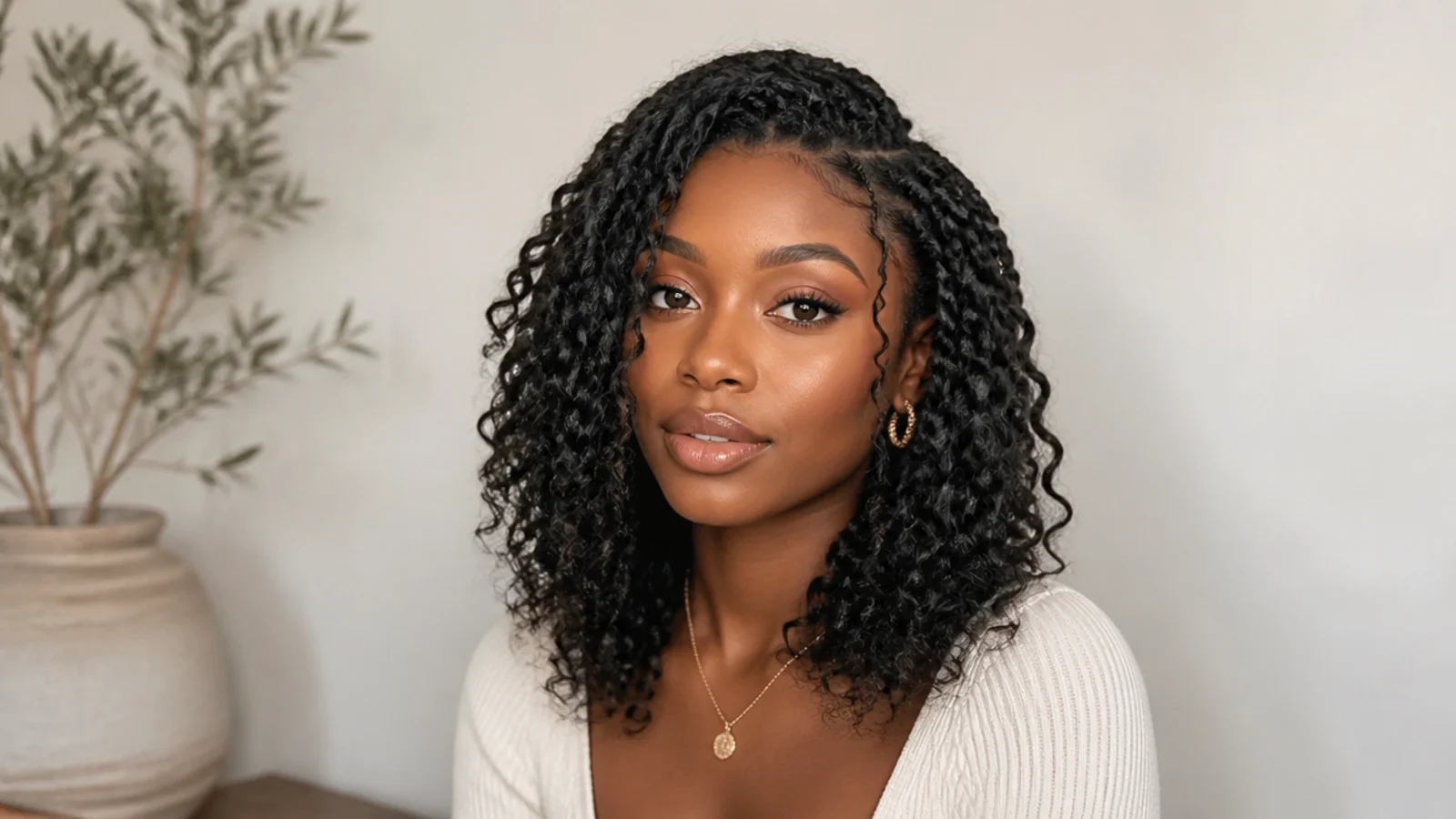 Shoulder-length goddess passion twists with curls out