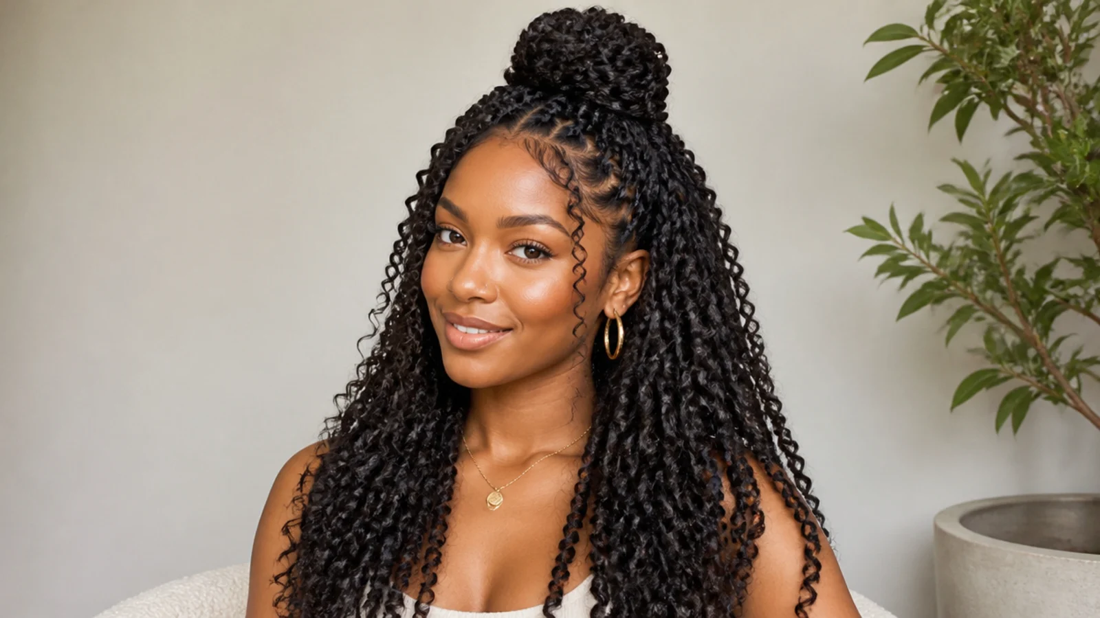 Goddess passion twists in a half-up bun with curls flowing