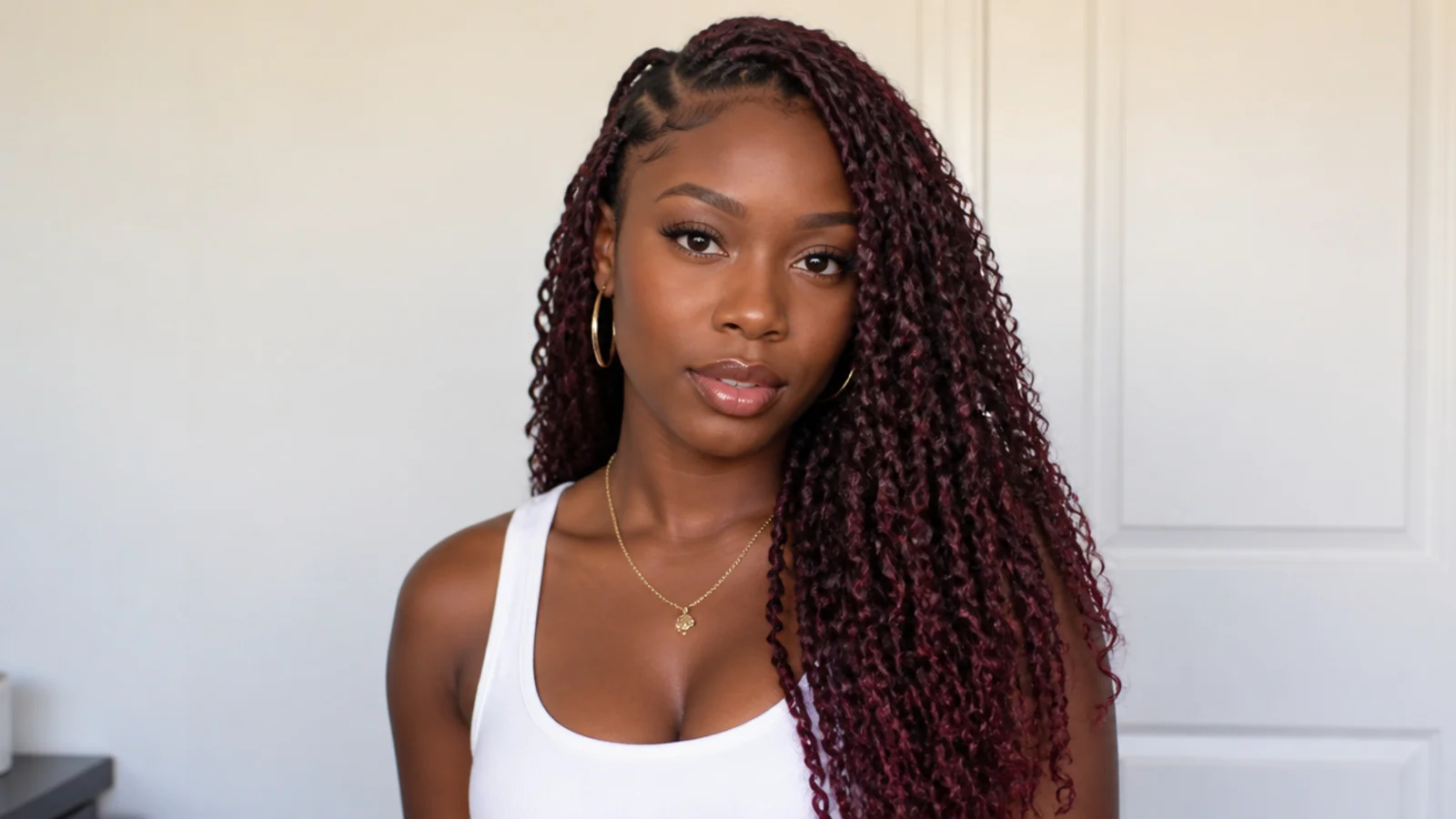 Deep burgundy goddess passion twists with curls out