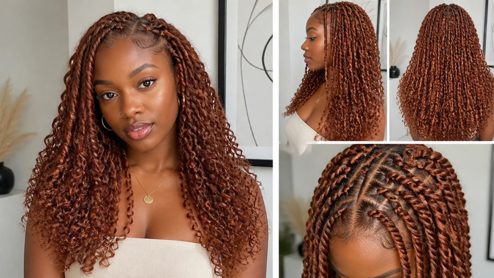 Warm copper goddess passion twists with curls out
