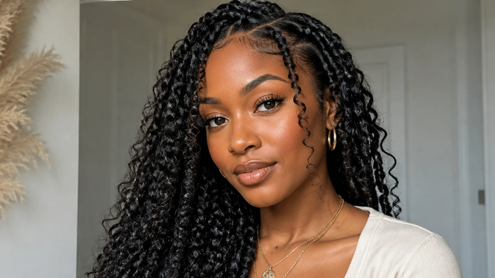 Goddess passion twists with soft curls framing the face