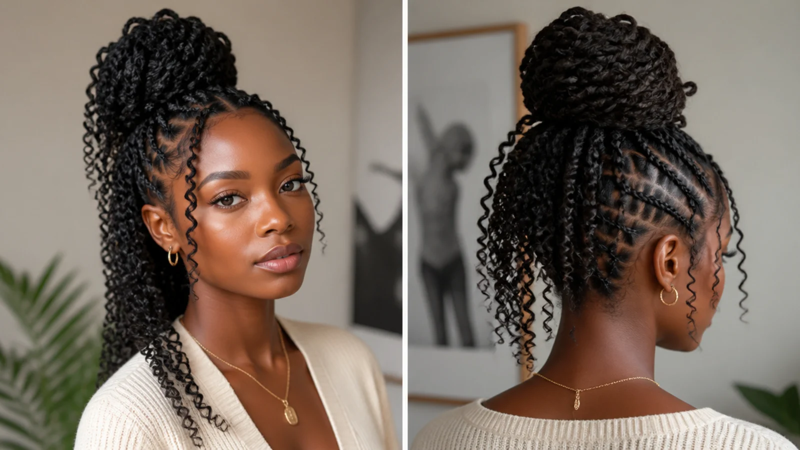 Goddess passion twists in a high bun with curls left loose