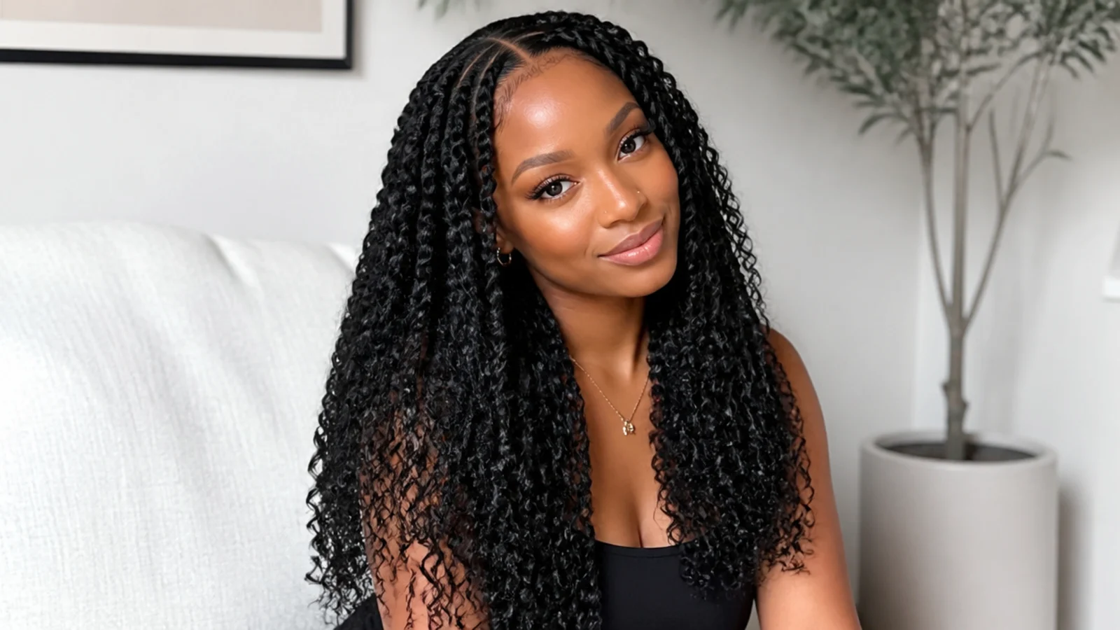 Goddess passion twists with a clean middle part and curls out