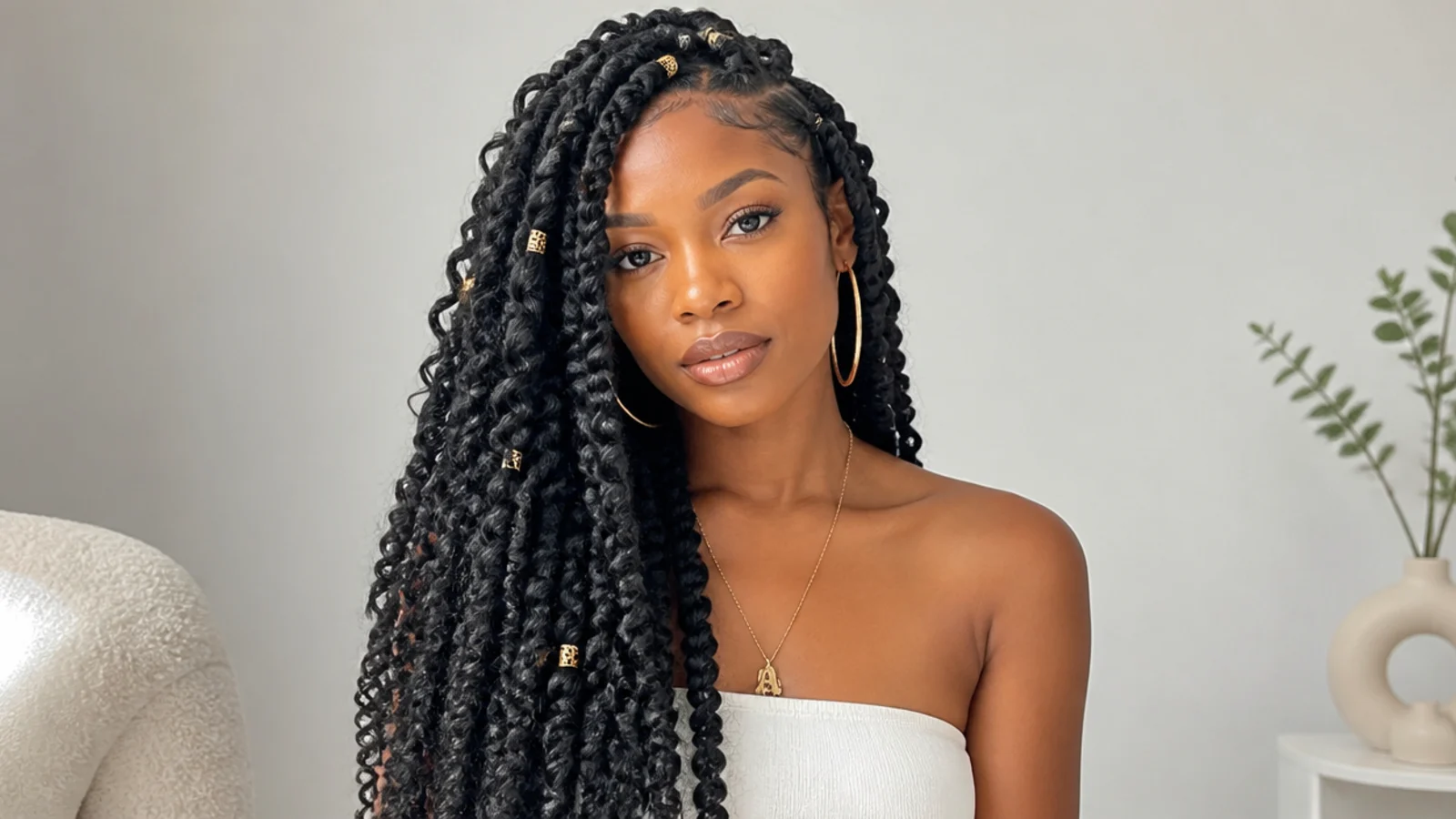 Goddess passion twists with gold cuffs among the curls