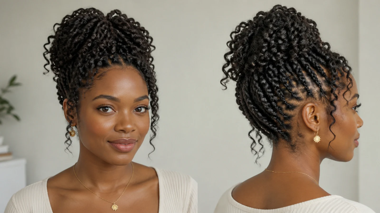 Goddess passion twists in a crown updo with soft curls
