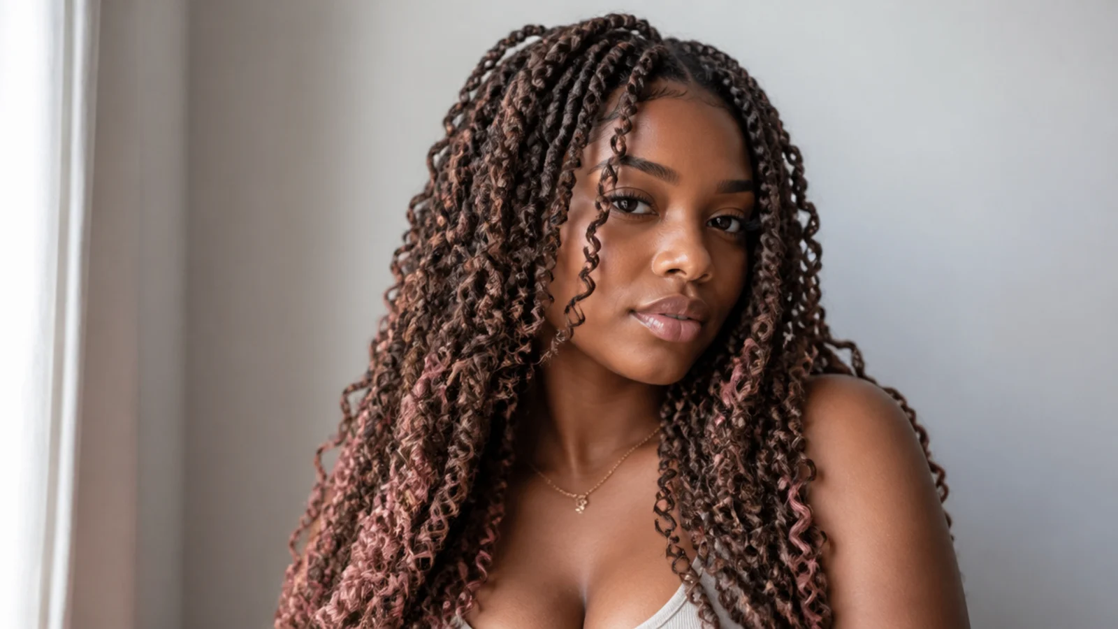 Soft pastel goddess passion twists with curls out