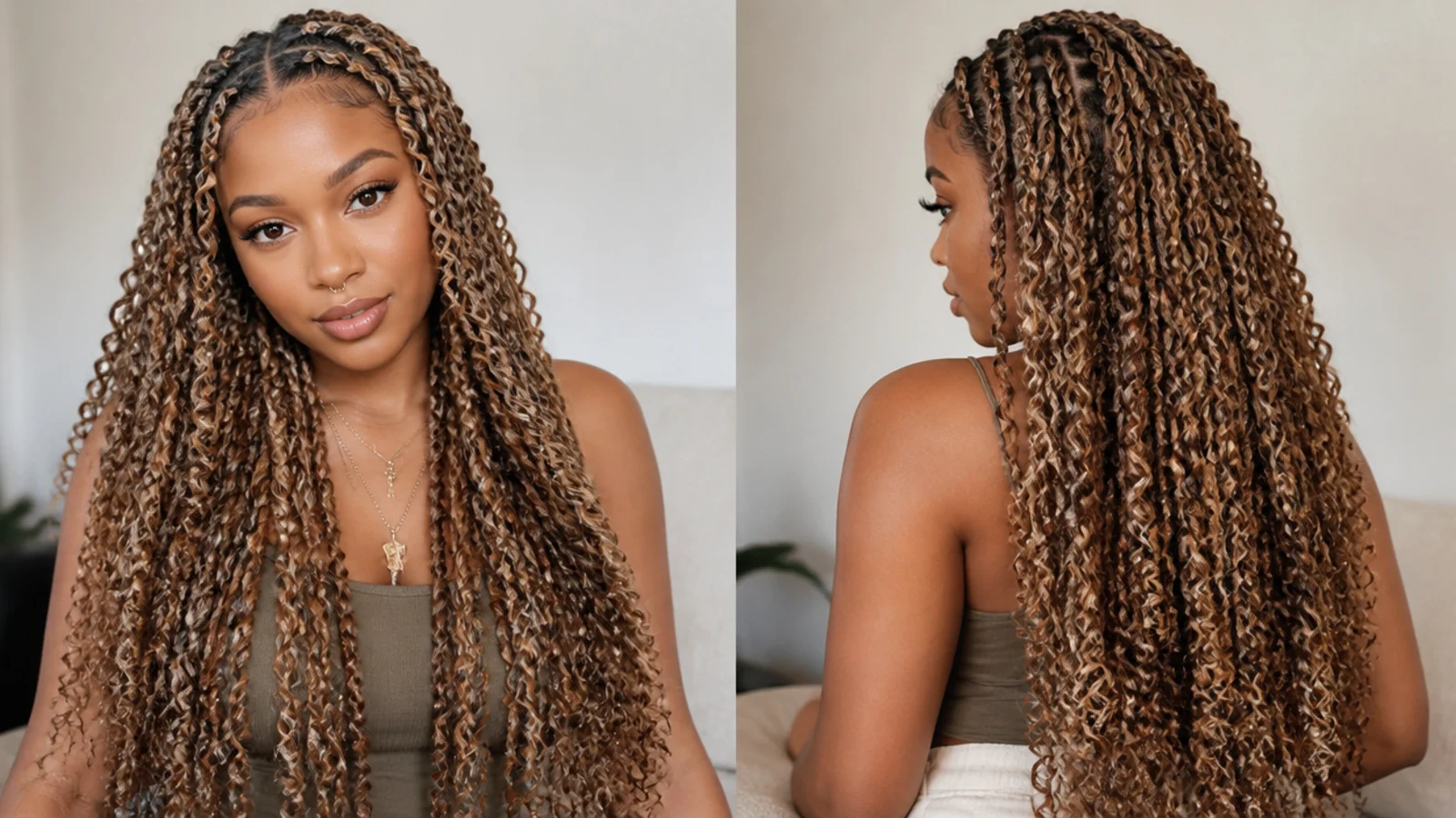 Goddess passion twists blending honey and caramel with curls out