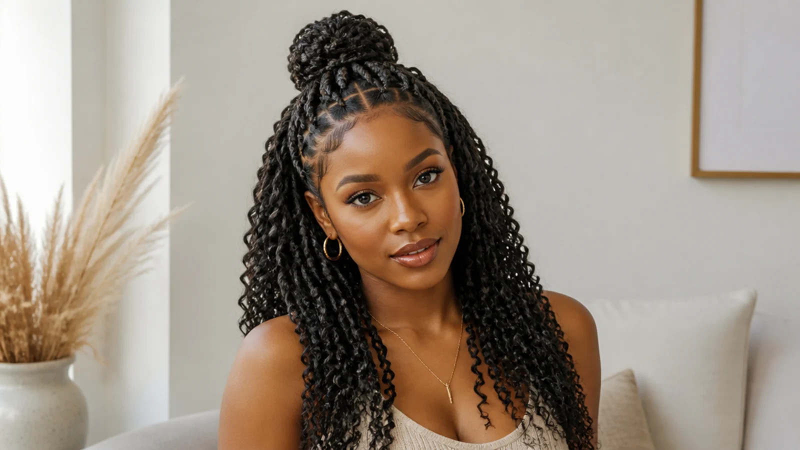 Goddess passion twists in a half-up bun with curls flowing