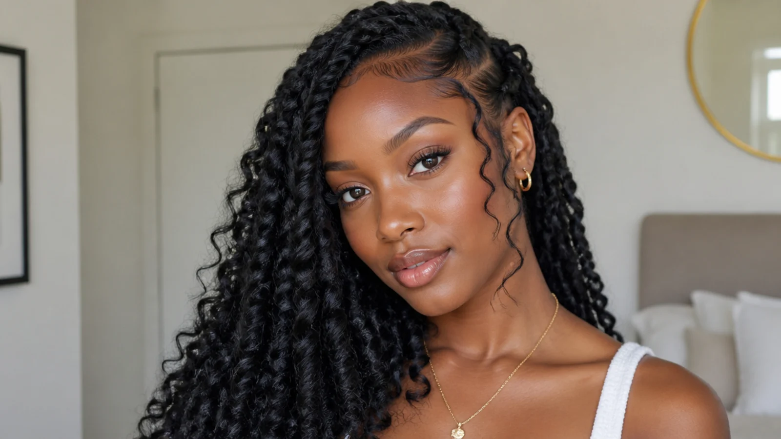 Close-up of goddess passion twists with soft curls left out