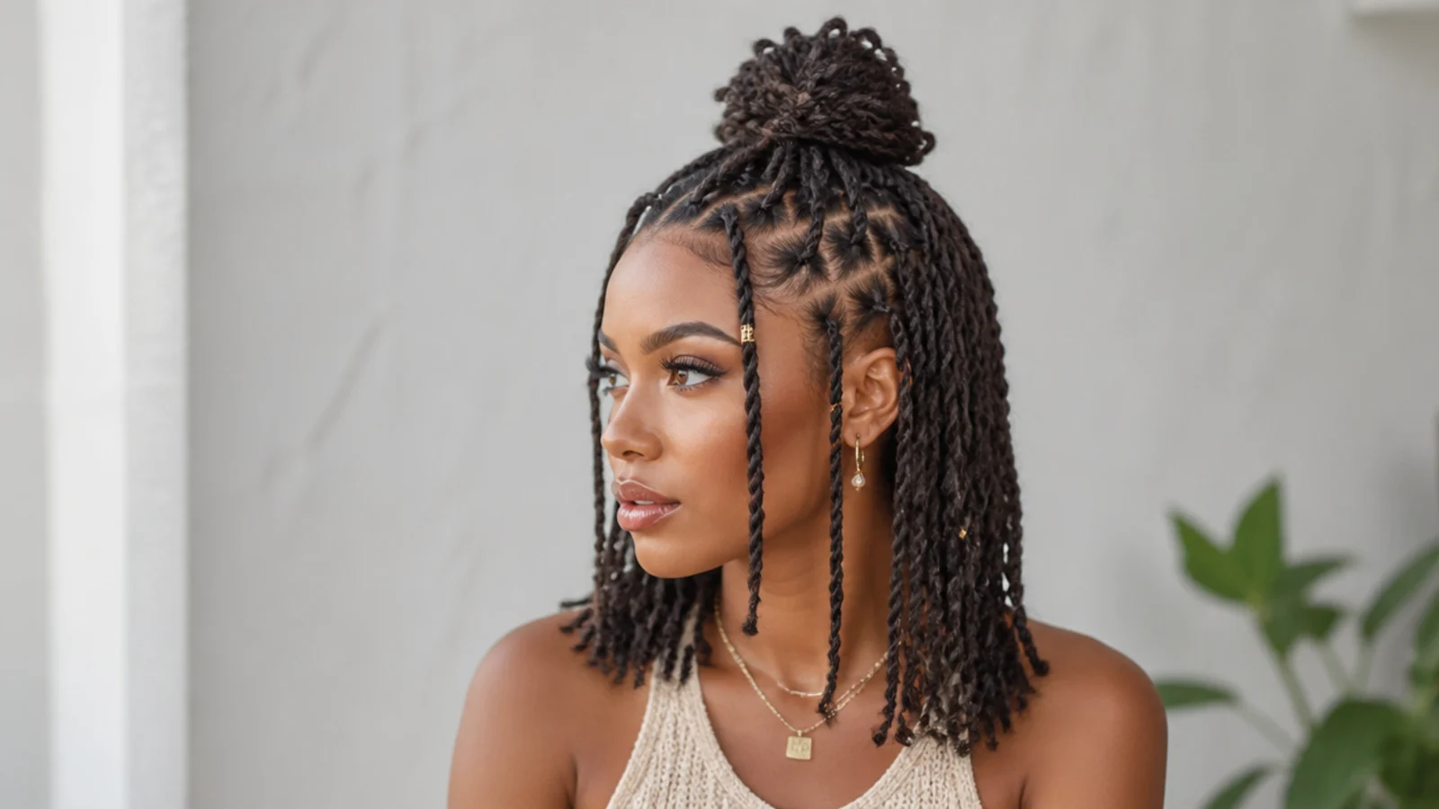 Mini passion twists in a half-up bun