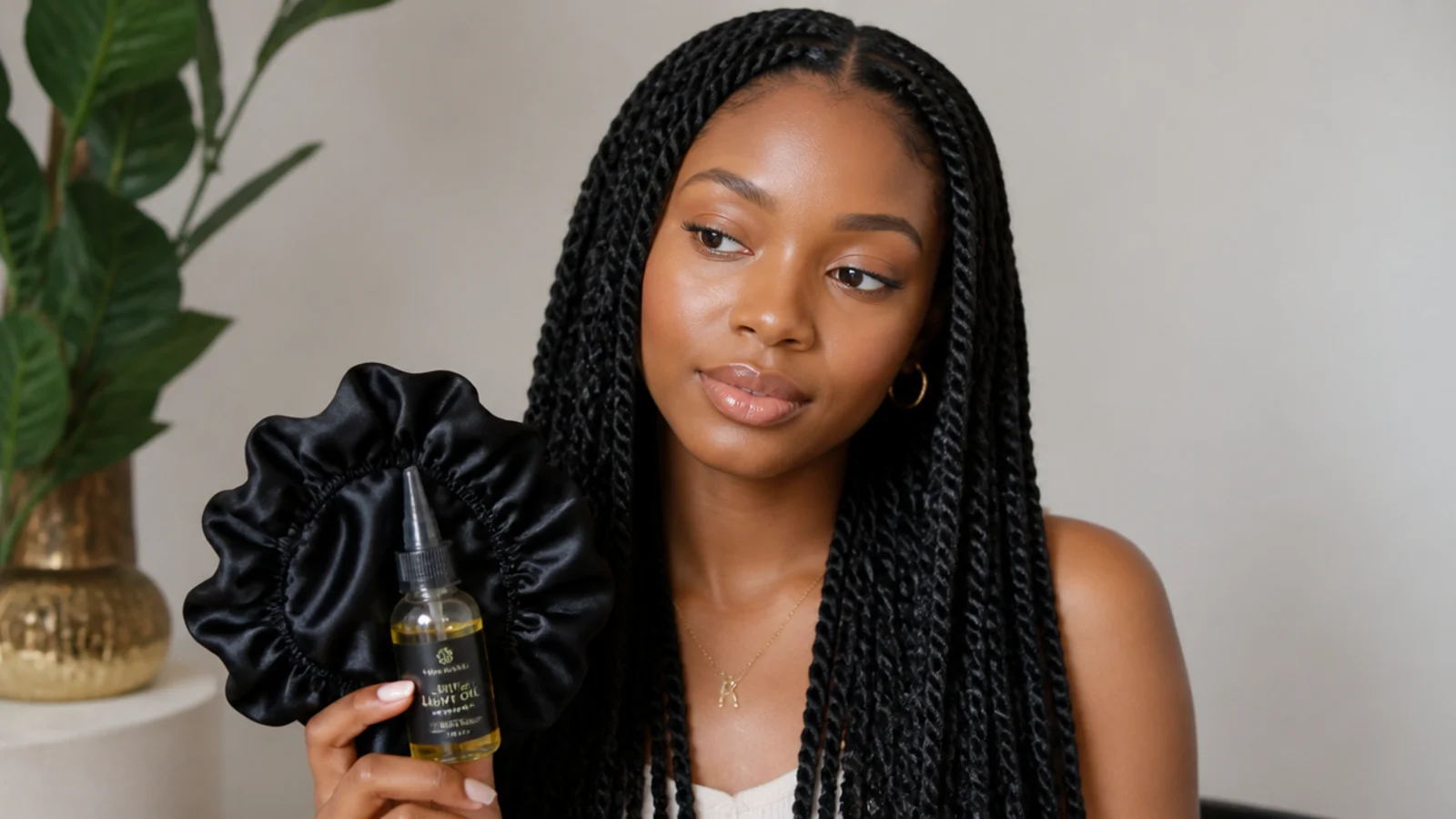 Satin bonnet and light oil for mini passion twists care