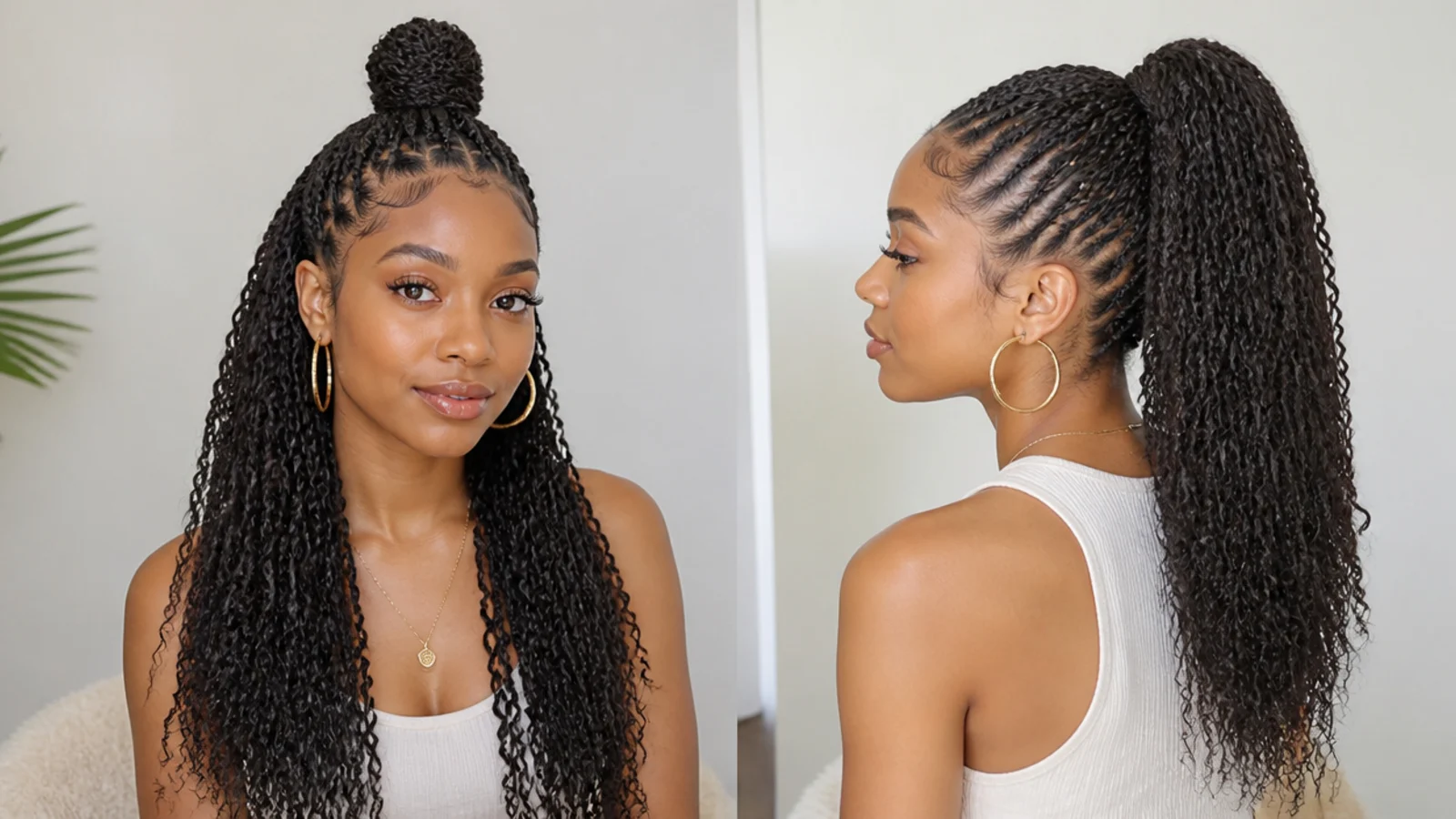 Mini passion twists in a full high ponytail and half-up bun