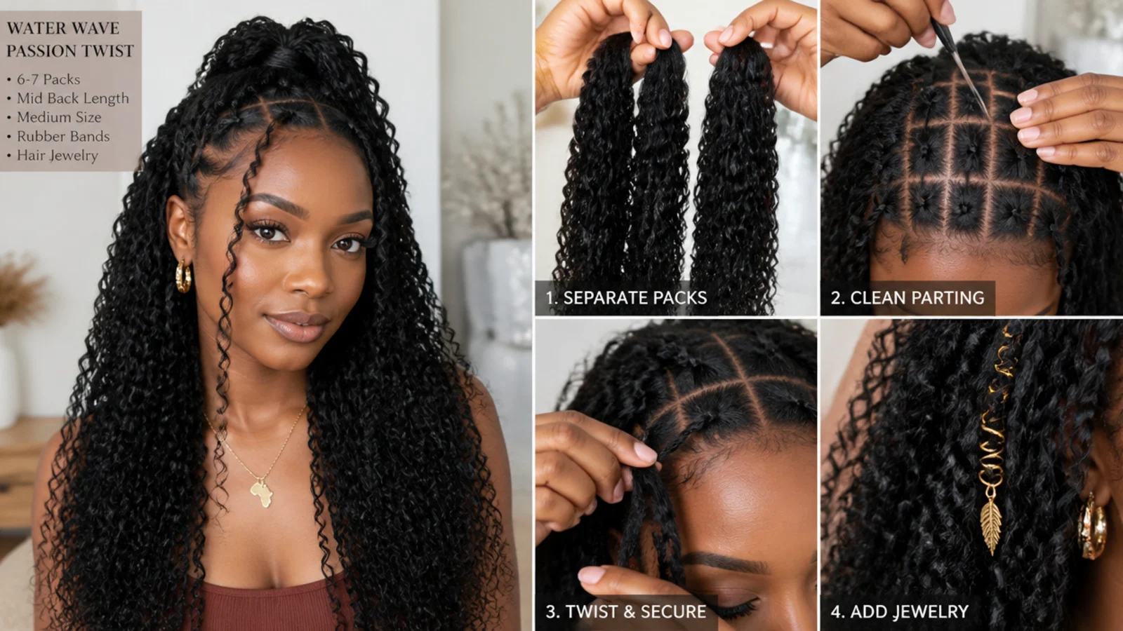 Packs of water-wave hair being separated for passion twists