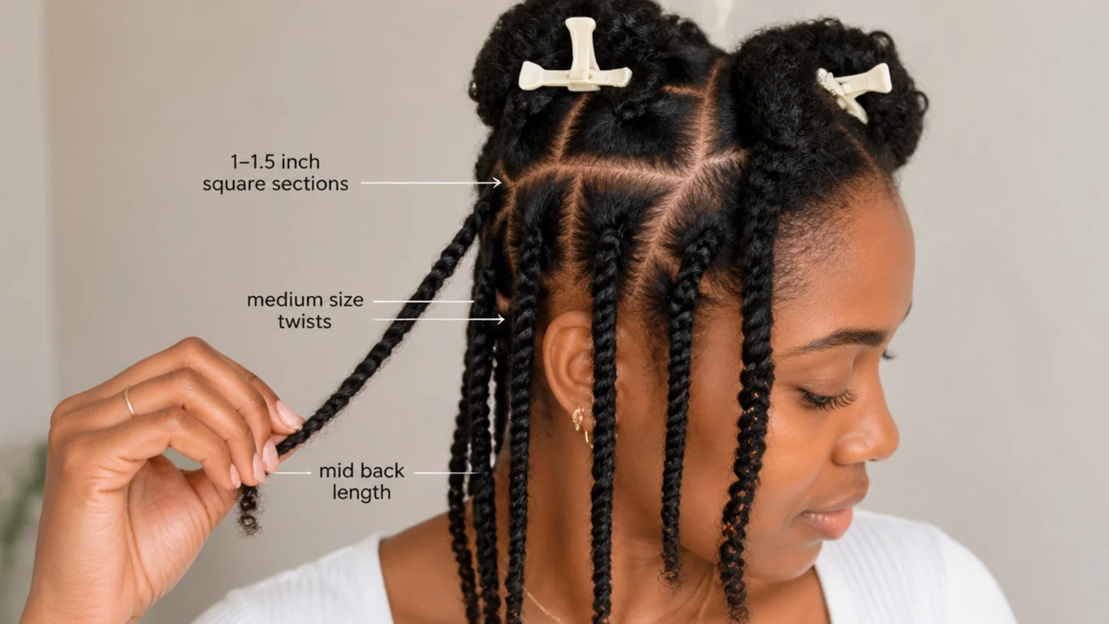 Hair sectioned into a neat grid with clips for twisting