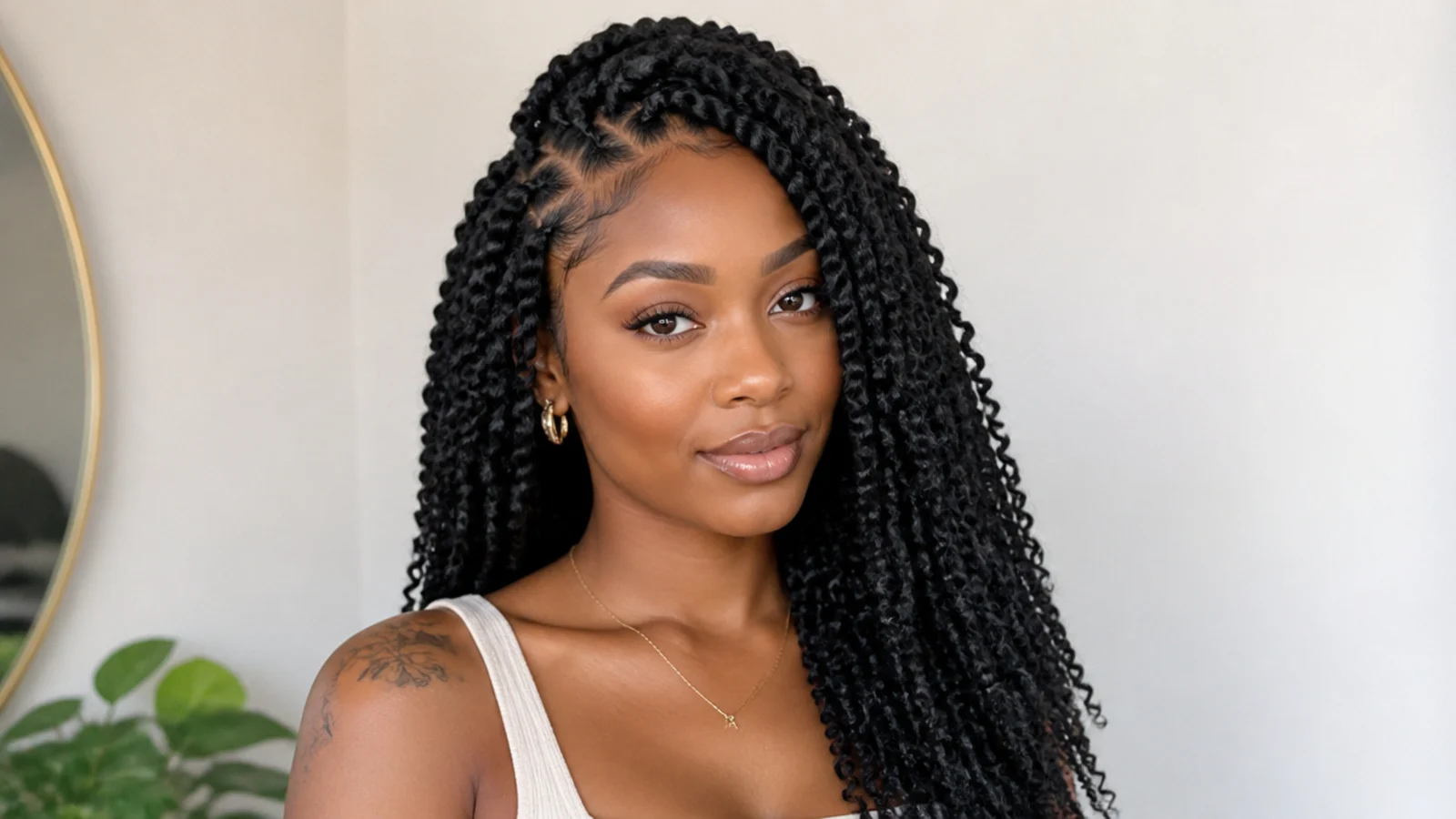 Finished passion twists styled with a side part