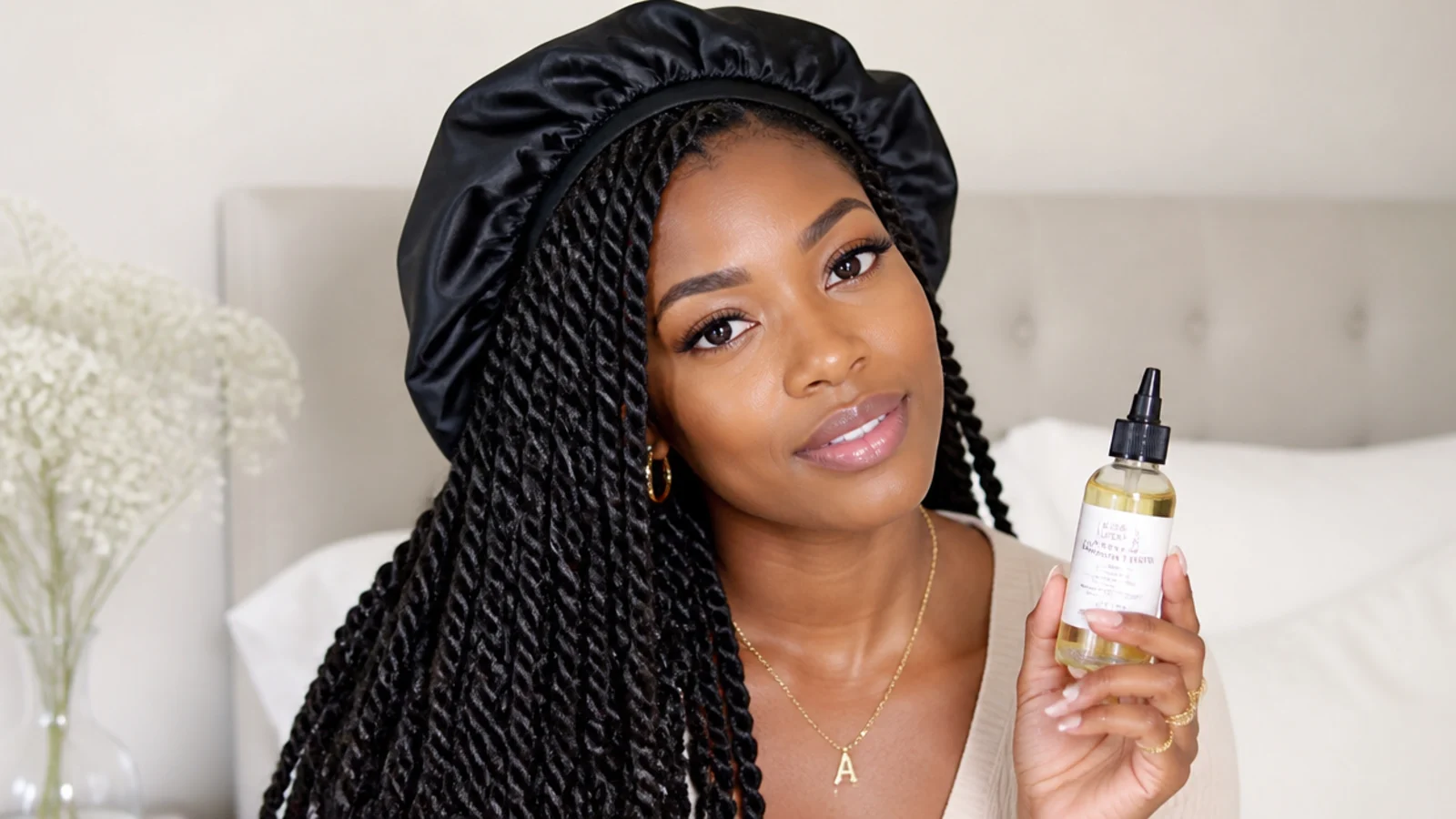 Satin bonnet and light oil for passion twists care