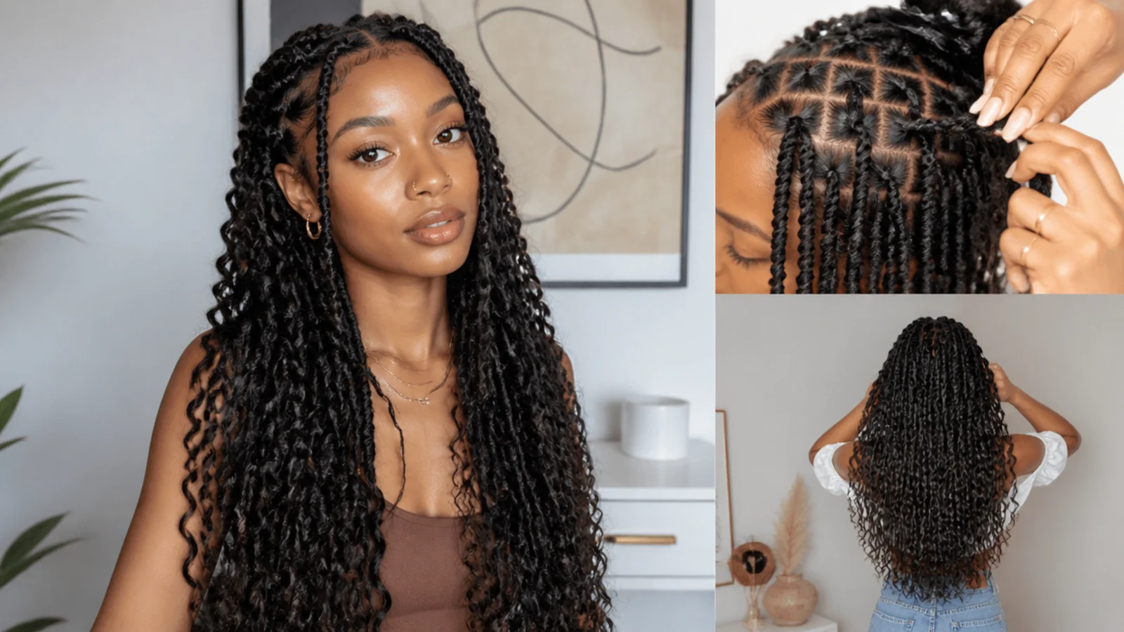 Passion twists being installed at home with water-wave hair