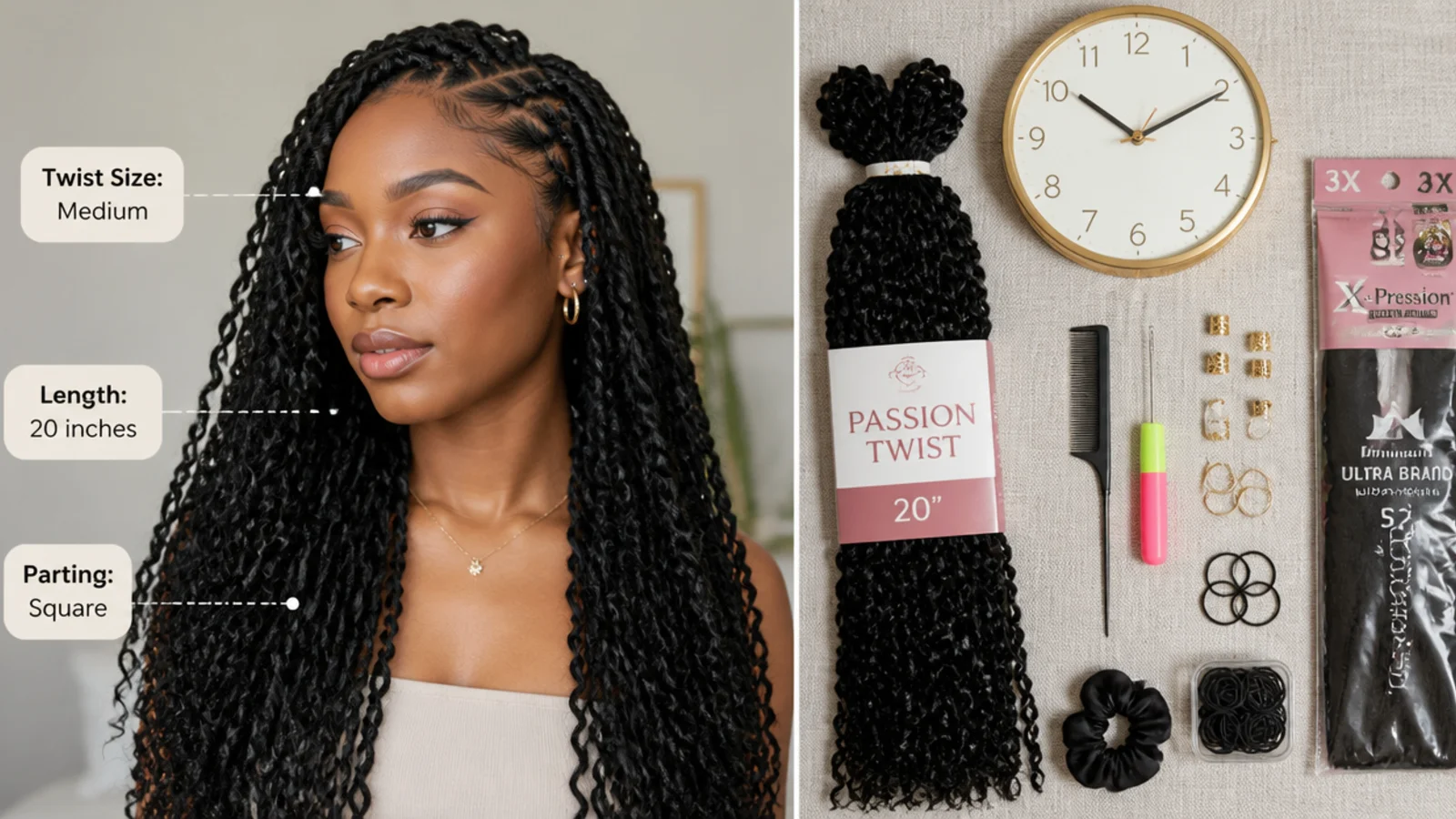A clock and passion twists supplies laid out
