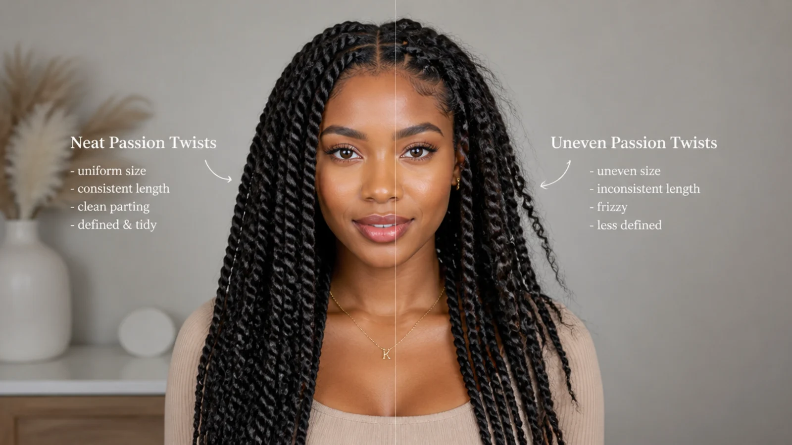 Neat passion twists next to uneven, frizzy ones