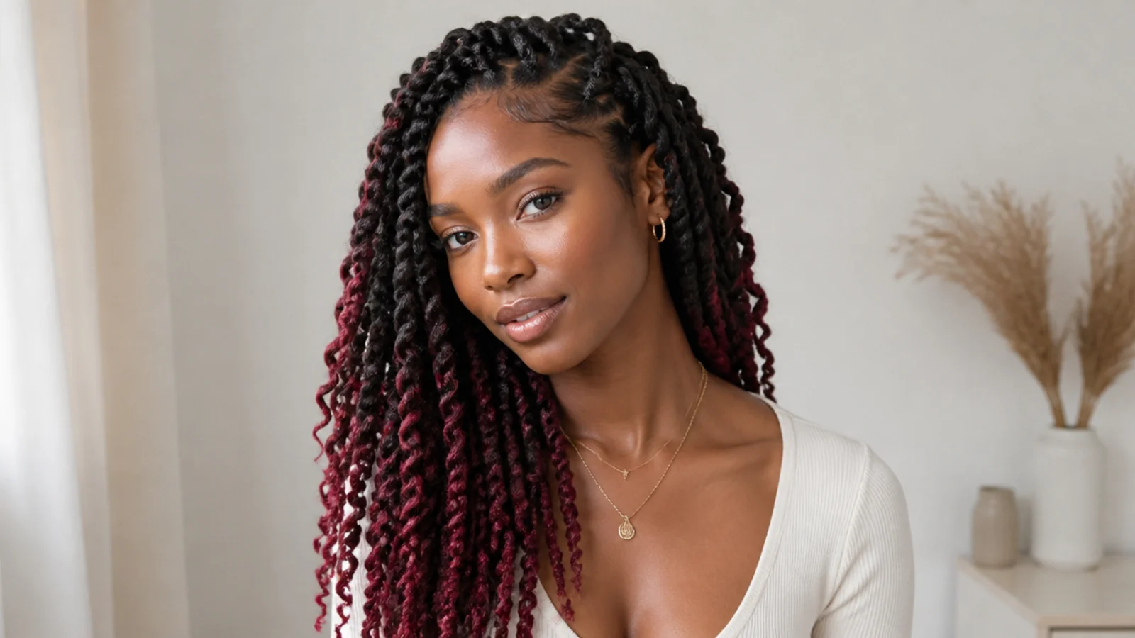 Passion twists fading from black roots to burgundy ends