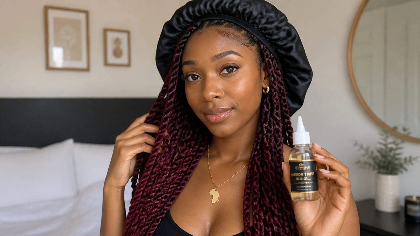 Satin bonnet and clear oil for coloured passion twists care