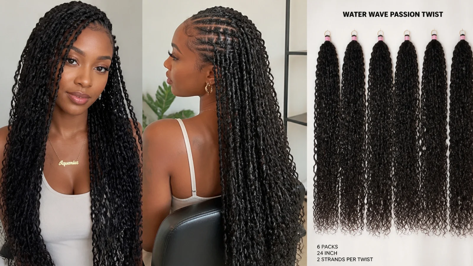 Packs of water-wave hair laid out for a passion twists install