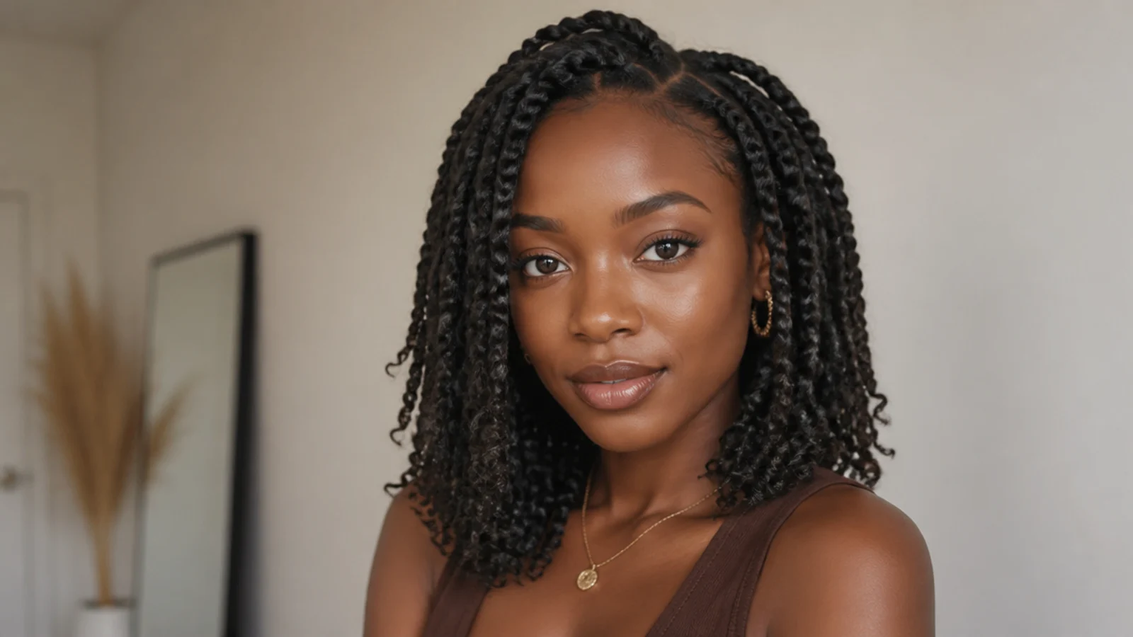 Shoulder-length passion twists on a first-time wearer