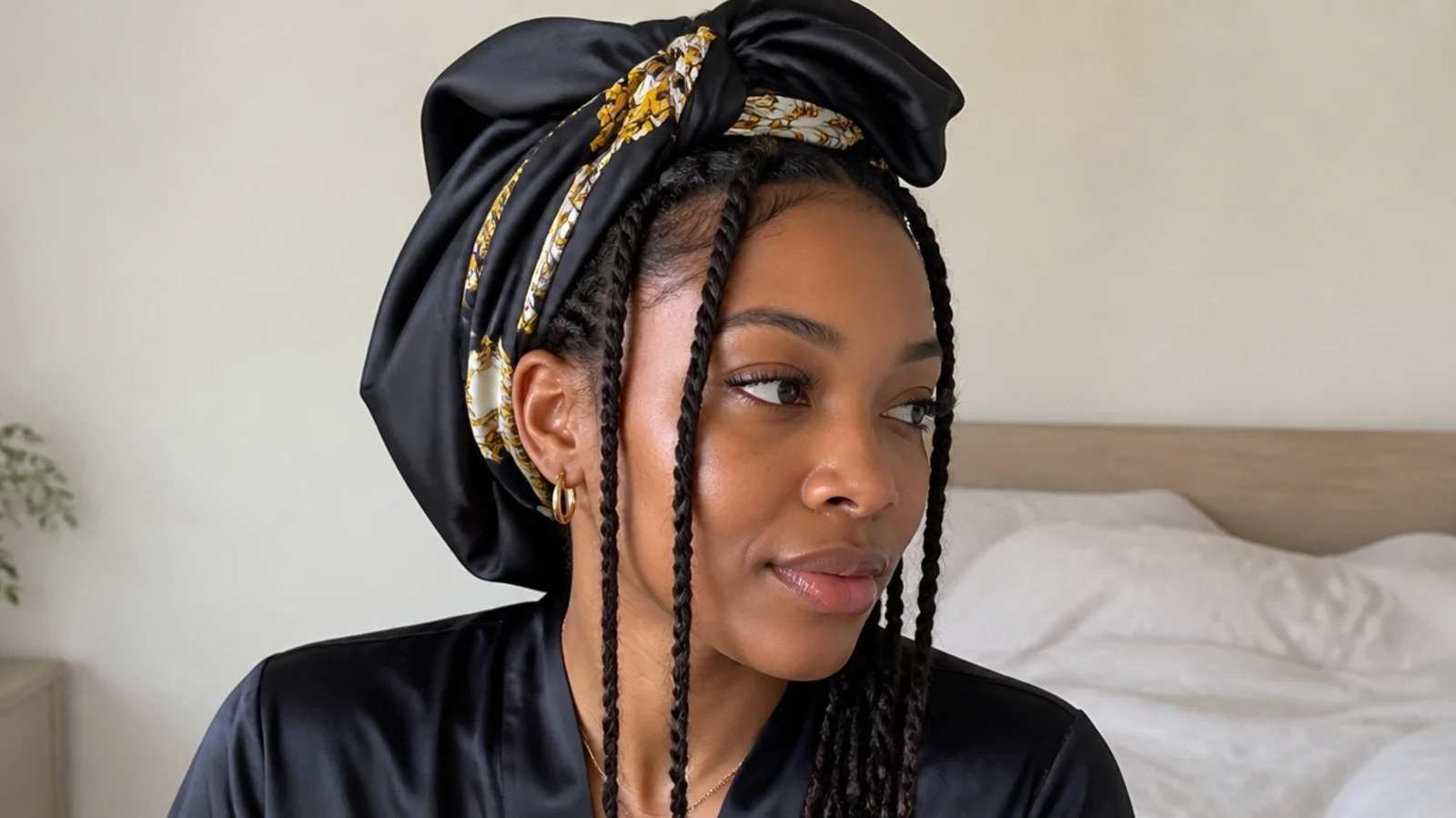 Passion twists wrapped in a satin scarf for the night